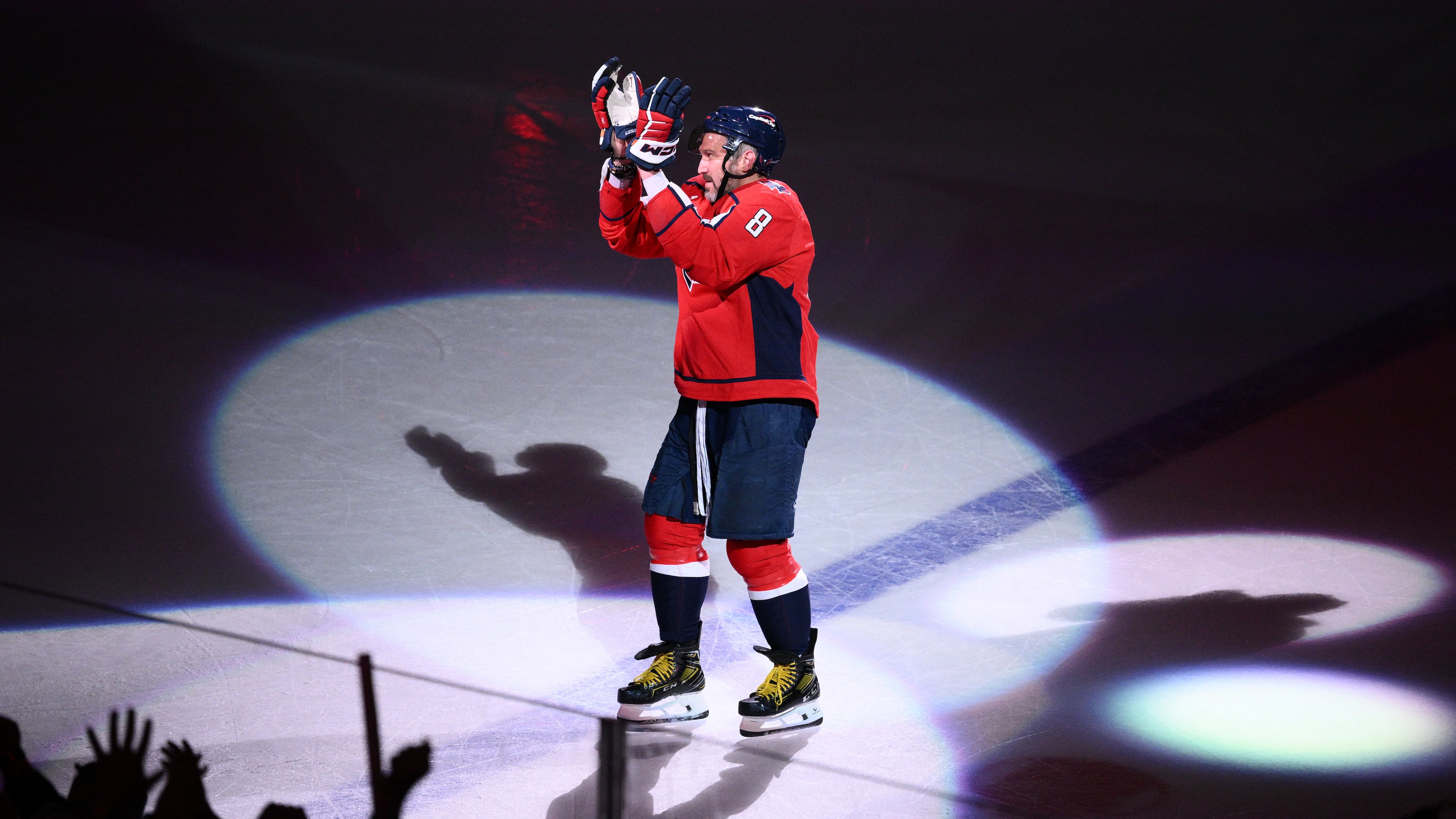 FILE - Washington Capitals left wing Alex Ovechkin reacts after he was named the first star after an NHL hockey game against the Pittsburgh Penguins, April 12, 2026, in Washington. (AP Photo/Nick Wass, File)