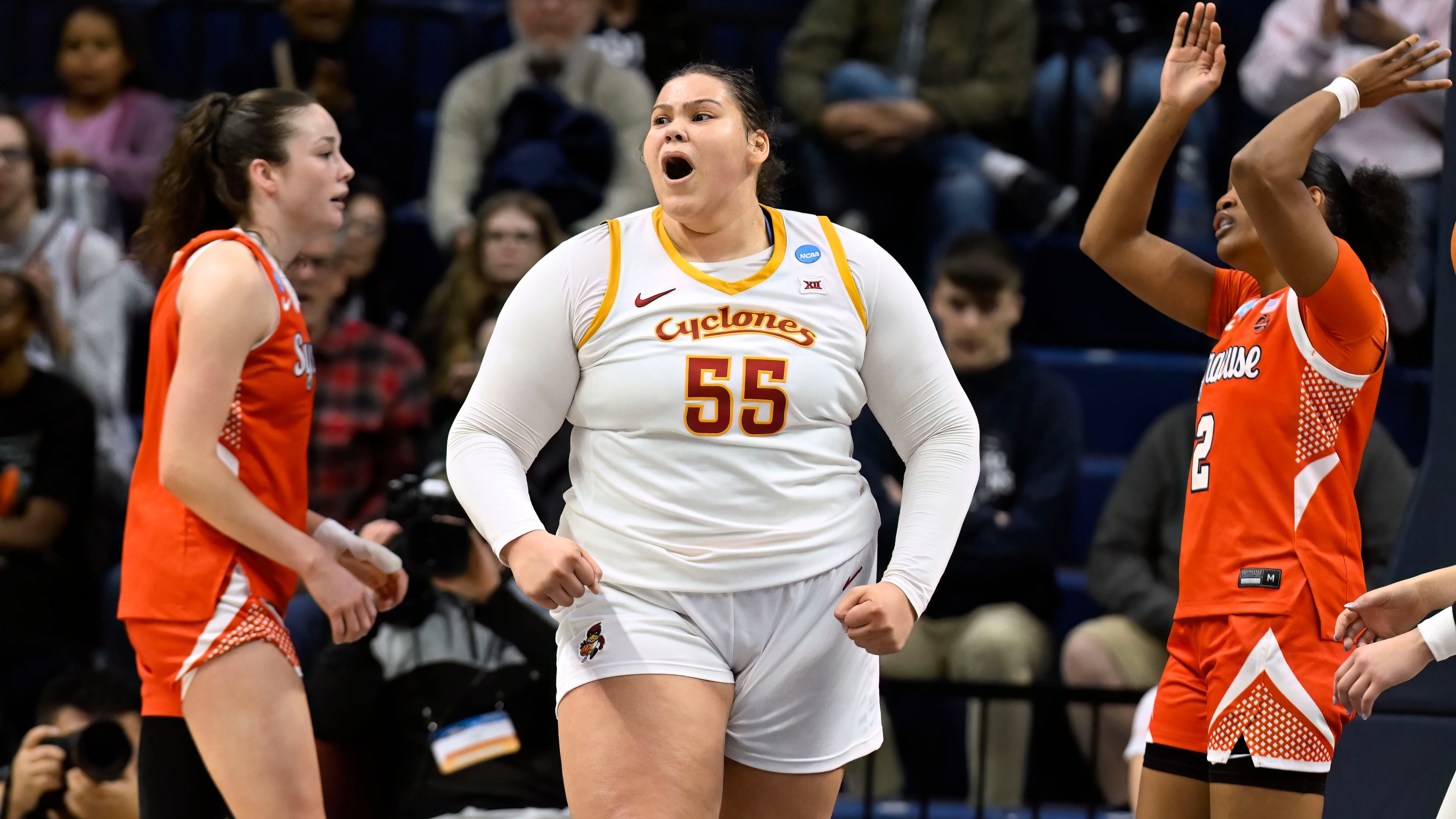Iowa State center Audi Crooks (55) reacts after making a basket against Syracuse during the second half in the first round of the NCAA college basketball tournament, Saturday, March 21, 2026, in Storrs, Conn. (AP Photo/Jessica Hill)
