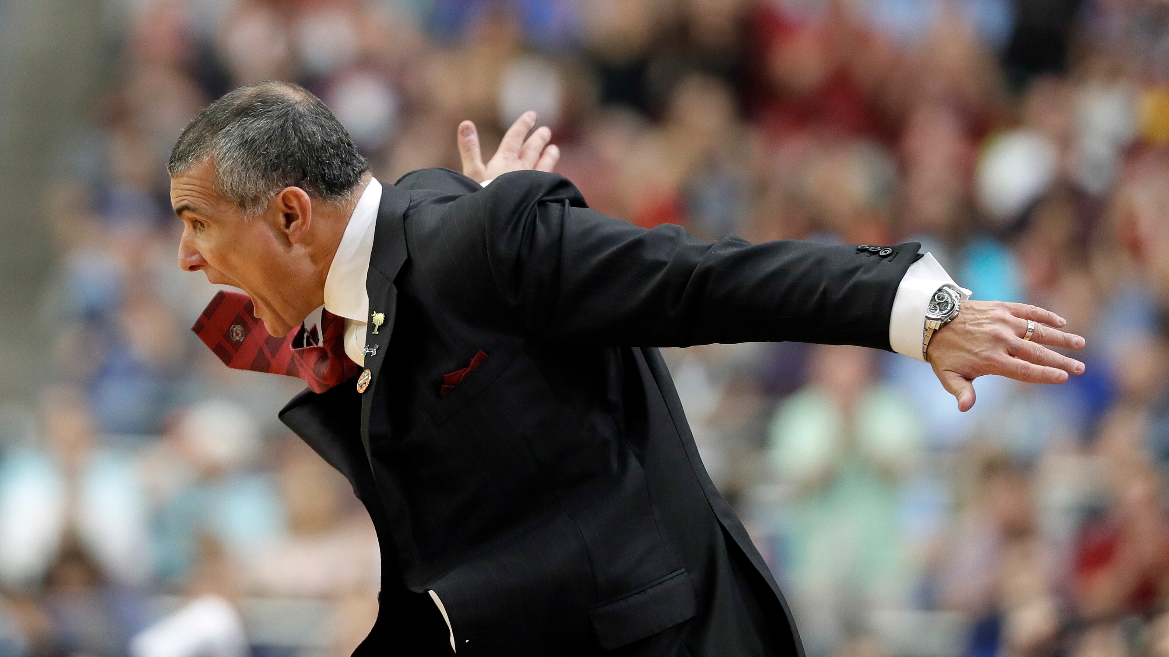 South Carolina coach Frank Martin reacts during the Final Four semifinal against Gonzaga, Saturday, April 1, 2017, in Glendale, Ariz. (AP Photo/Mark Humphrey)