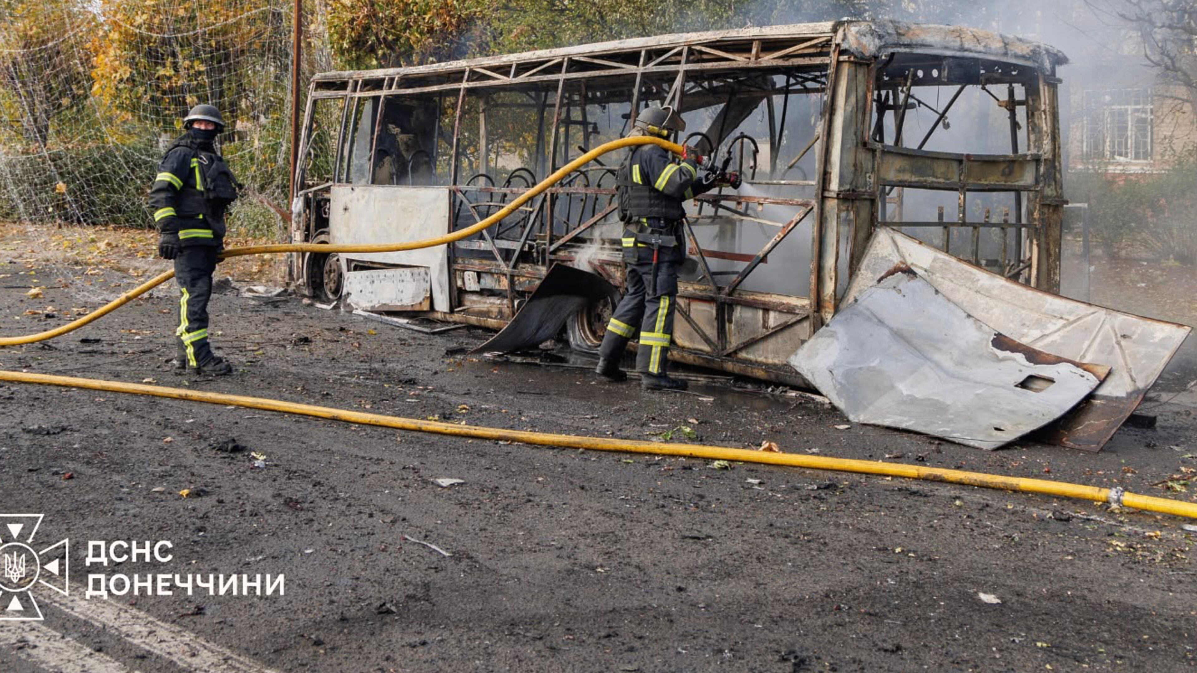 In this photo provided by the Ukrainian Emergency Service, firefighters extinguish a burning bus after a Russian attack in Kramatorsk, Ukraine, Thursday, Oct. 8, 2026. (Ukrainian Emergency Service via AP)