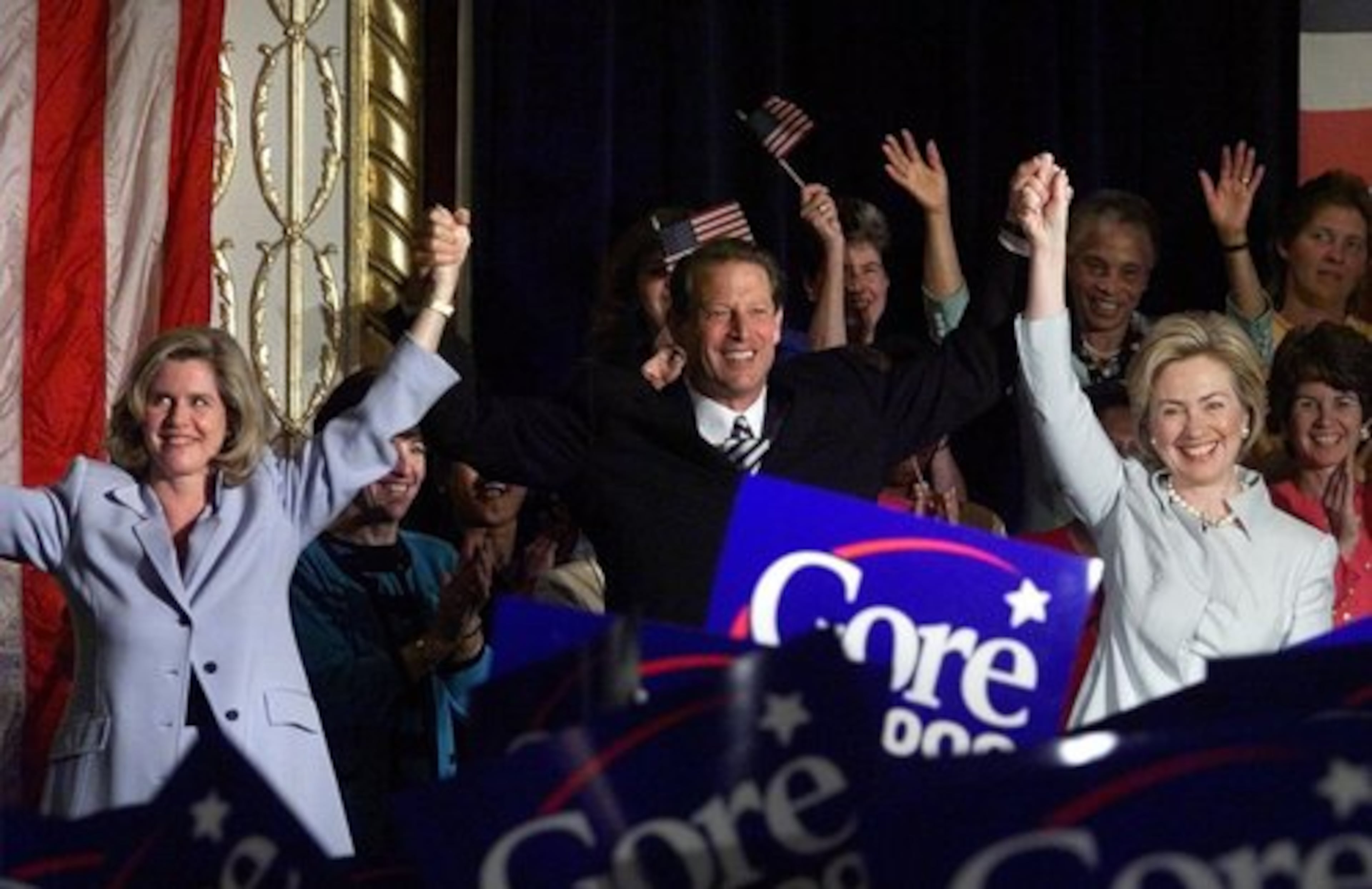First lady Hillary Rodham Clinton, right, joins the Gores during a 'Women for Gore' rally in Washington on June 1, 1999.