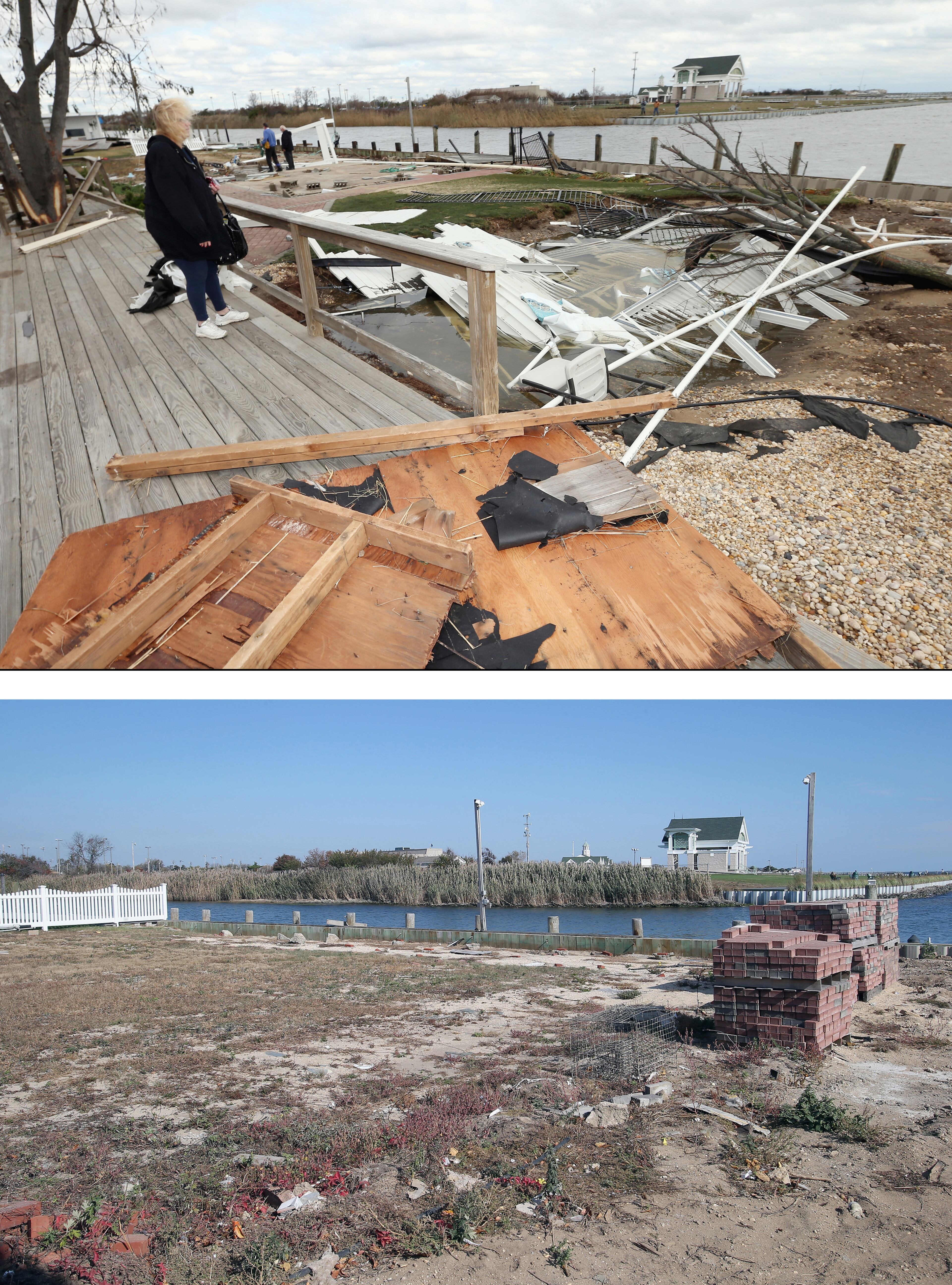 AMITY HARBOR, NY - OCTOBER 31: (top) Resident Pat Lore checks out the damage caused to her home from Hurricane Sandy on the Western Concourse on October 31, 2012 in Amity Harbor, New York. AMITY HARBOR, NY - OCTOBER 22: (bottom) The backyard of a home sits empty almost one year after sustaining damage from Superstorm Sandy on October 22, 2013 in Amity Harbor, New York. Hurricane Sandy made landfall on October 29, 2012 near Brigantine, New Jersey and affected 24 states from Florida to Maine and cost the country an estimated $65 billion. (Photos by Bruce Bennett/Getty Images)