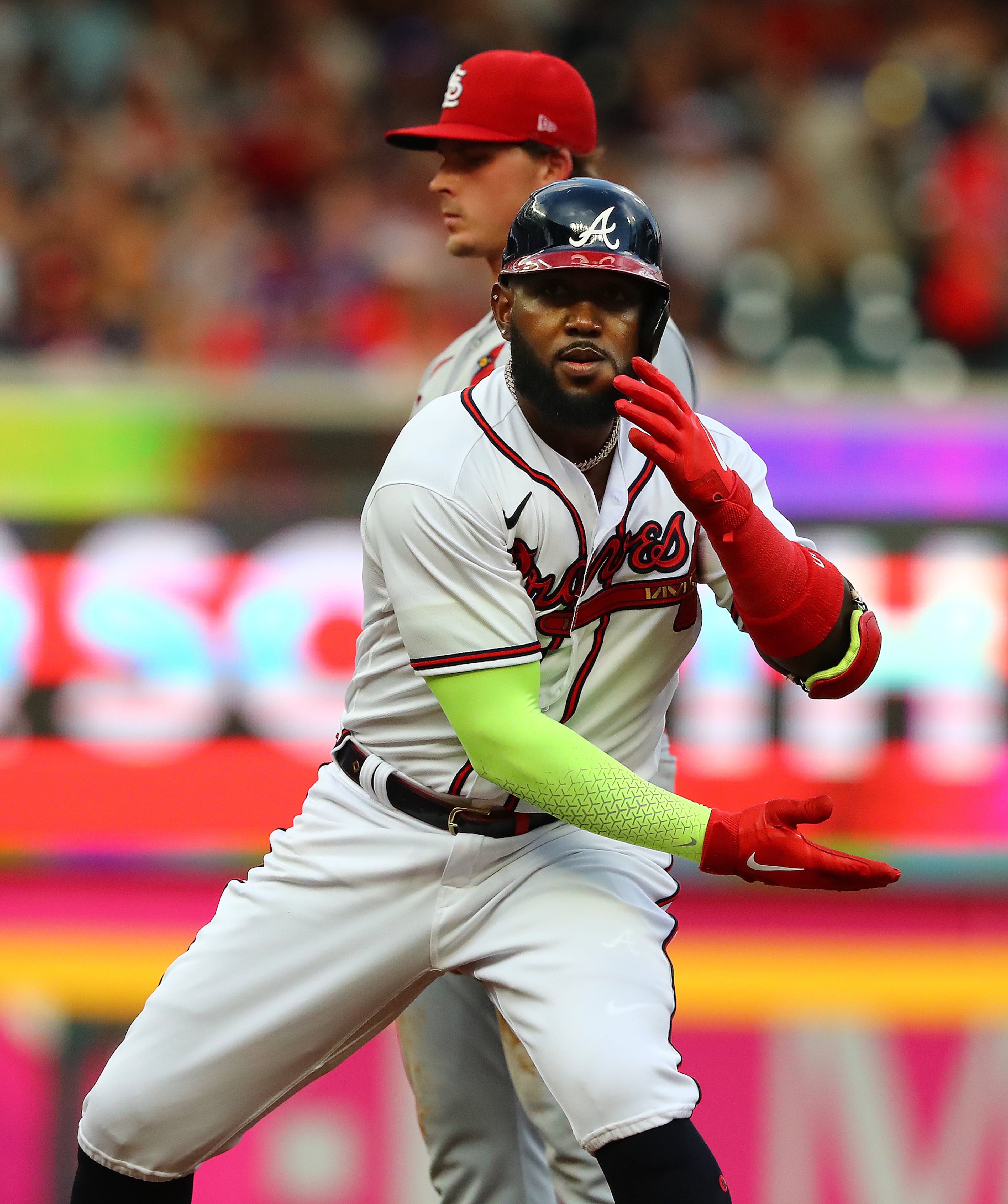 Braves designated hitter Marcell Ozuna chops after hitting a double against the St. Louis Cardinals on the way to the Braves scoring five runs in the first inning in a MLB baseball game on Tuesday, July 5, 2022, in Atlanta. “Curtis Compton / Curtis.Compton@ajc.com”