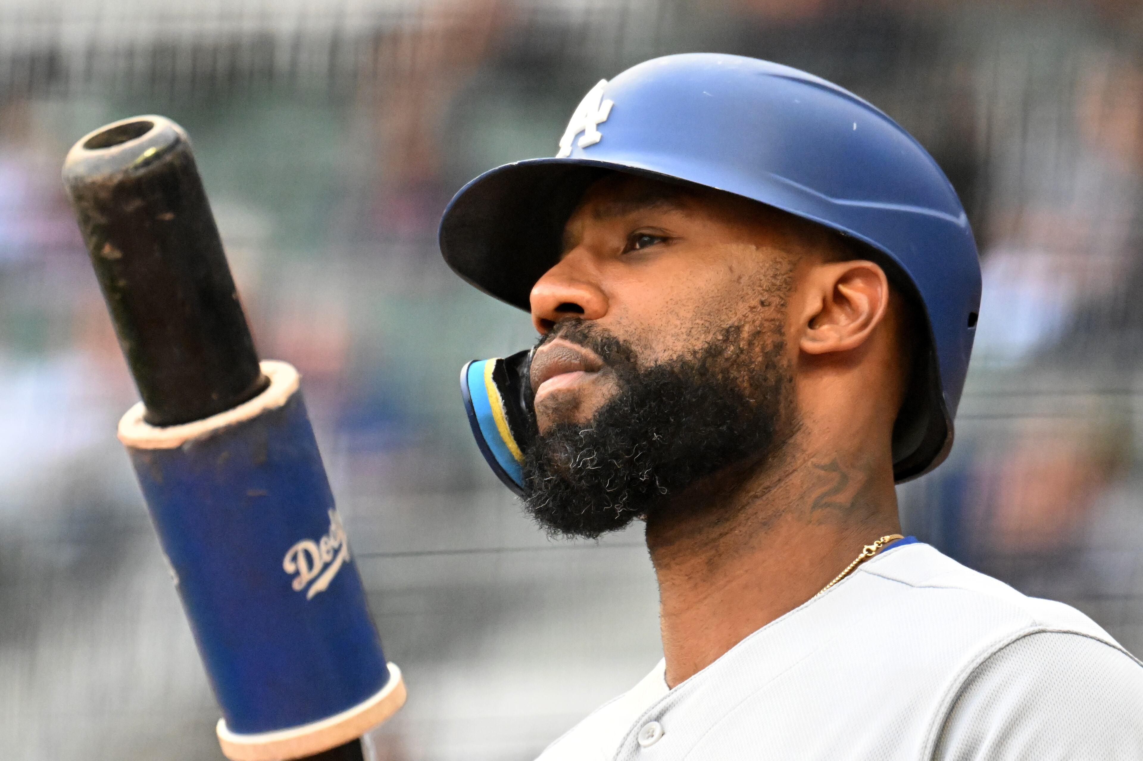 Los Angeles Dodgers' right fielder Jason Heyward (23) warms up during the first inning at Truist Park, Wednesday, May 24, 2023, in Atlanta. (Hyosub Shin / Hyosub.Shin@ajc.com)