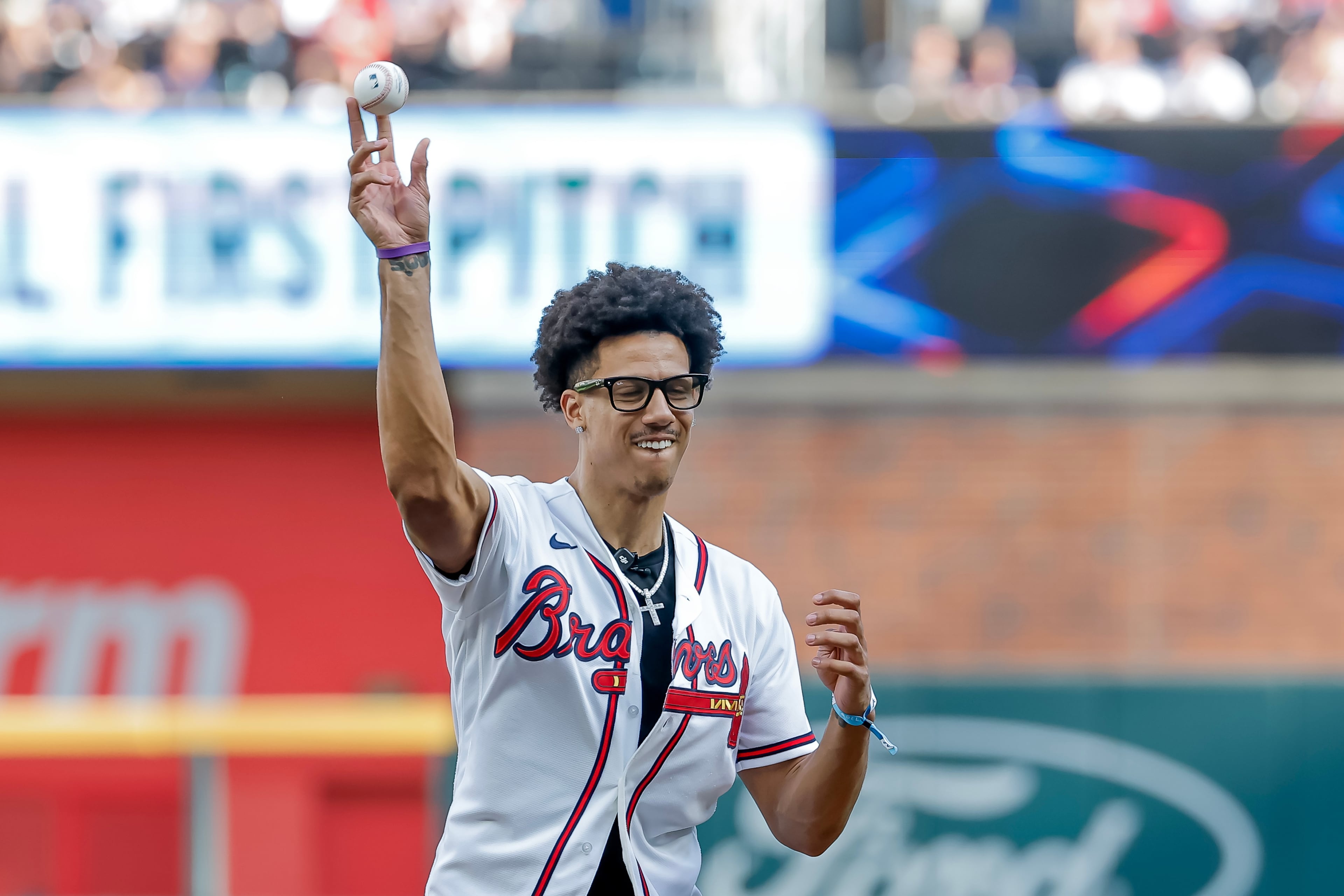 Atlanta Hawks star Jalen Johnson threw out the first pitch on Wednesday. (Erik S. Lesser/AP)