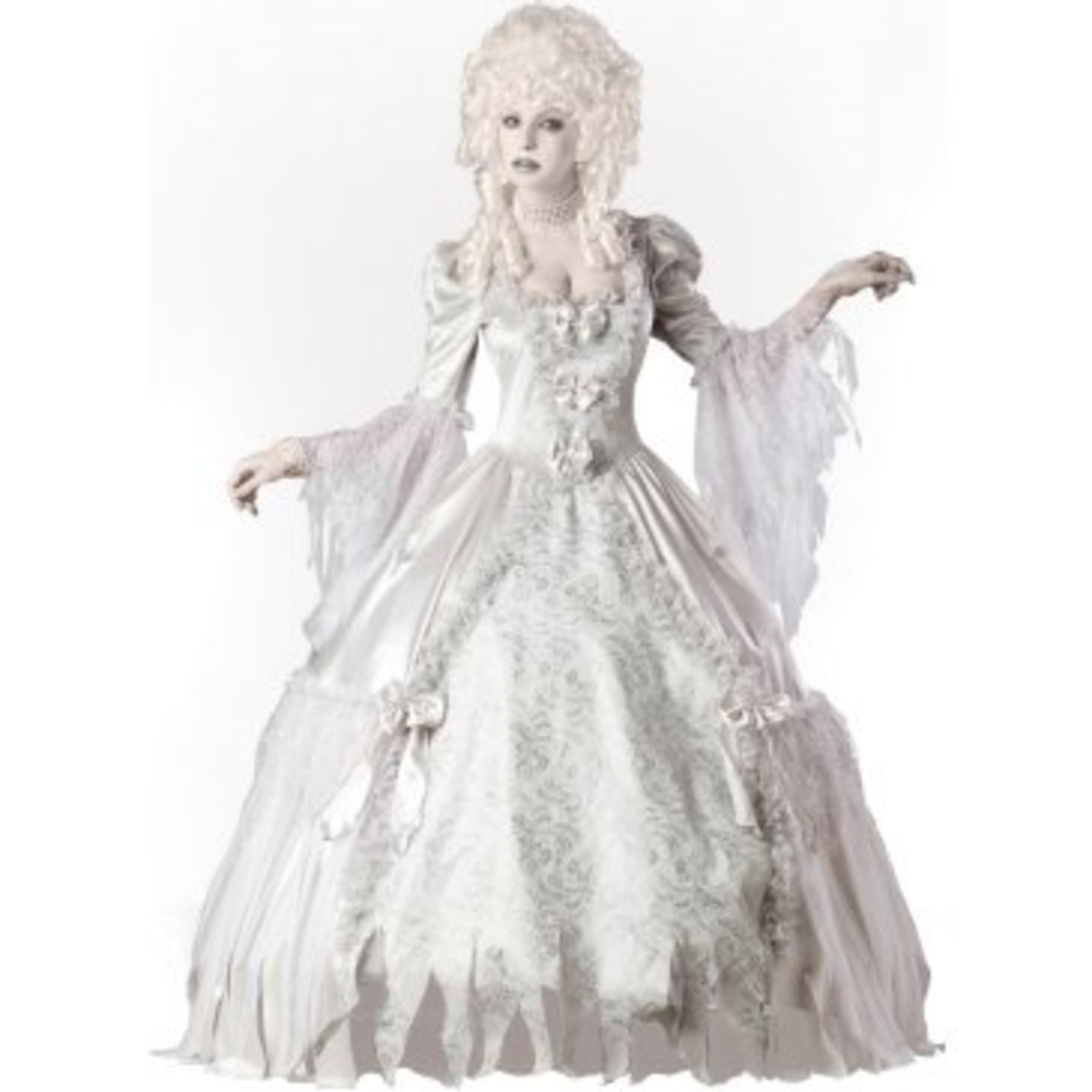 A ghostly ballroom belle with timeless elegance! Her spirit still lingers the grounds of her old palace in search for her true love. You'll be a bone chilling beauty this Halloween! The Ghost Lady Elite Collection Adult Costume includes a long white dress and a petticoat. $219.99 at costumeexpress.com