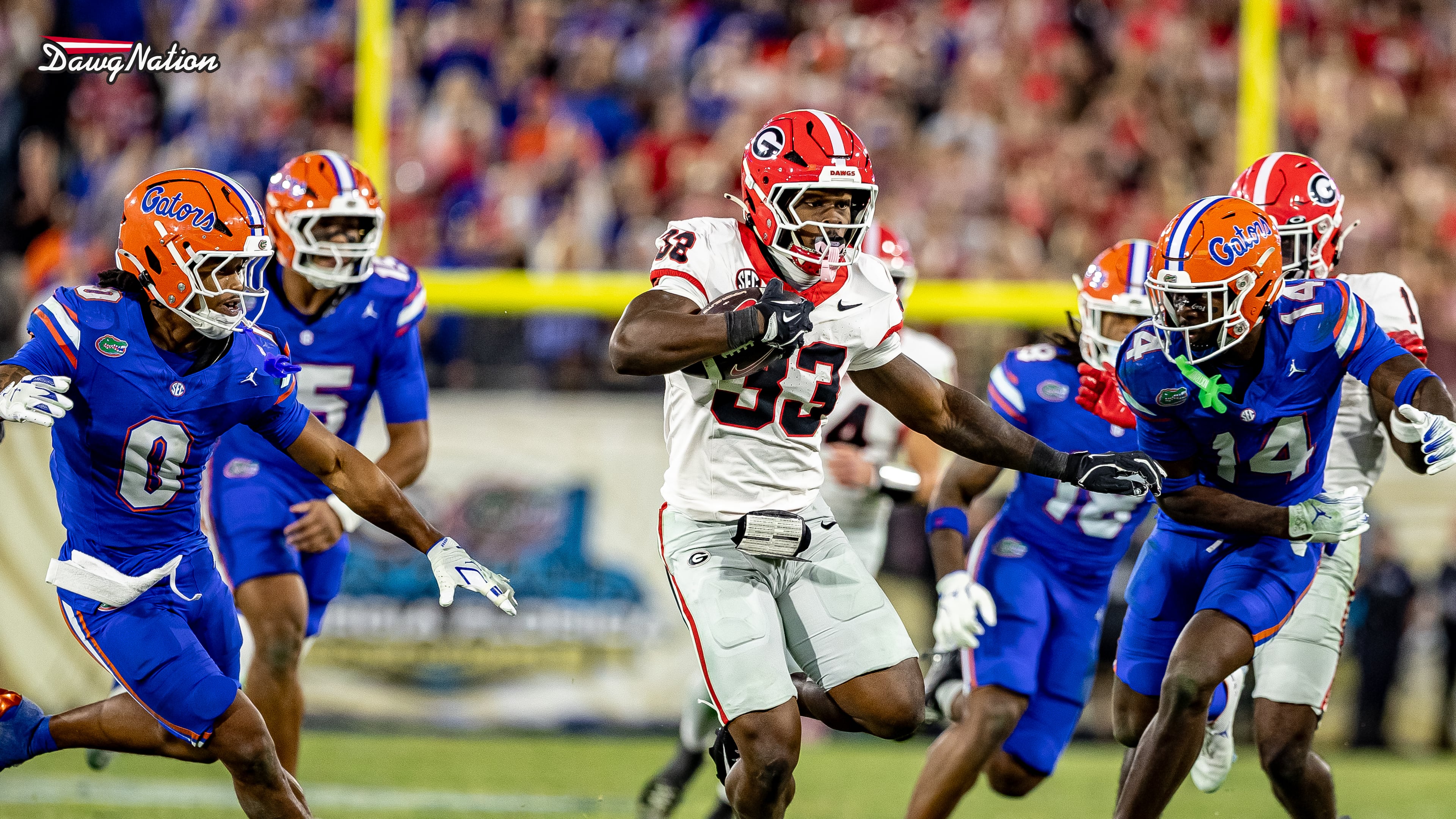 Georgia redshirt freshman RB Chauncey Bowens breaks loose for the game-deciding touchdown on Saturday, November 1, 2025, against Florida at Everbank Field in Jacksonville, Florida. (Jeff Sentell/DawgNation)