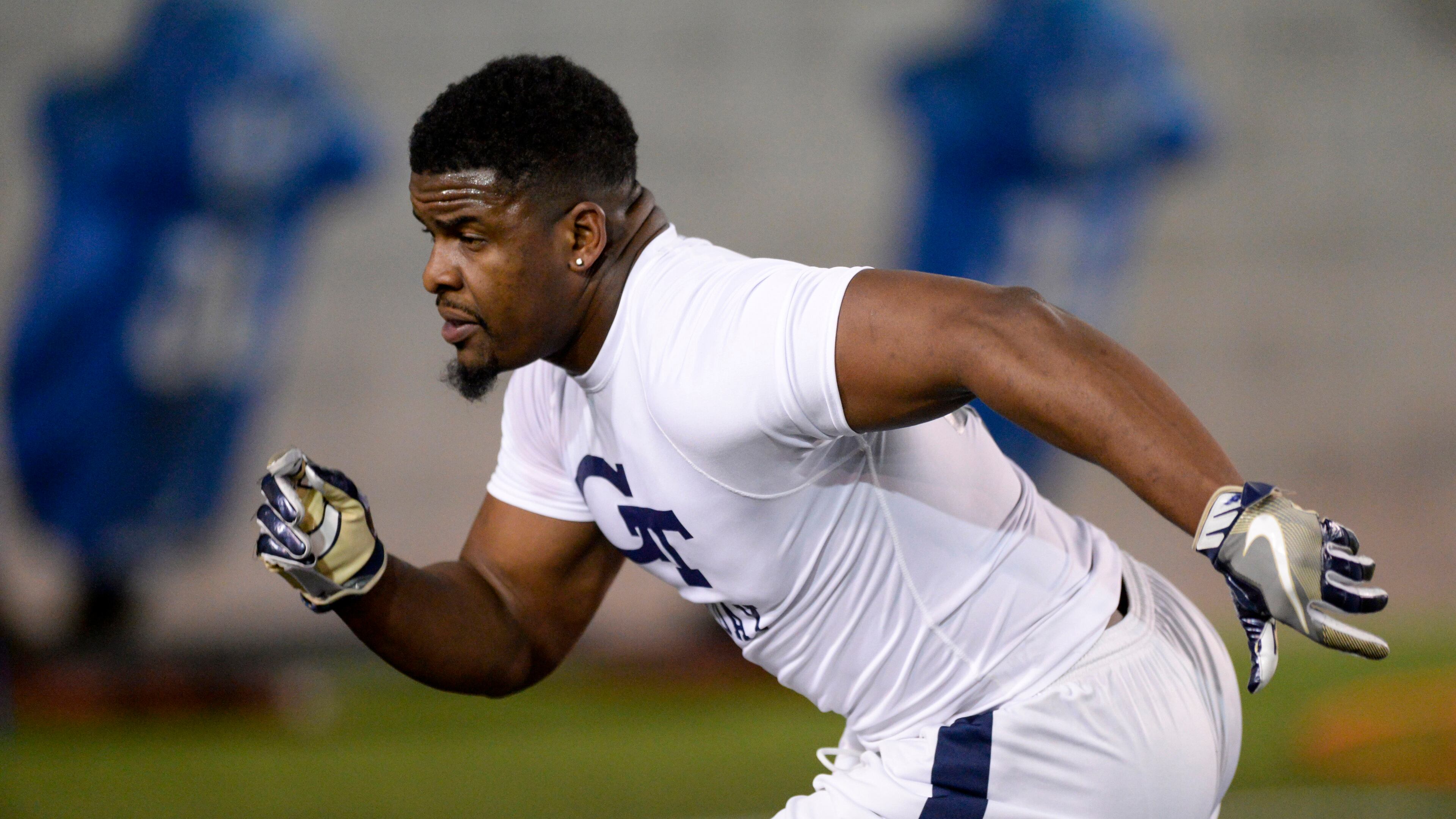 March 17, 2017, Atlanta - Former Georgia Tech linebacker P.J. Davis (40) completes a drill during Pro Day at the Georgia Tech Mary R. & John F. Brock practice facility in Atlanta, Georgia, on Friday, March 17, 2017. (DAVID BARNES / SPECIAL)