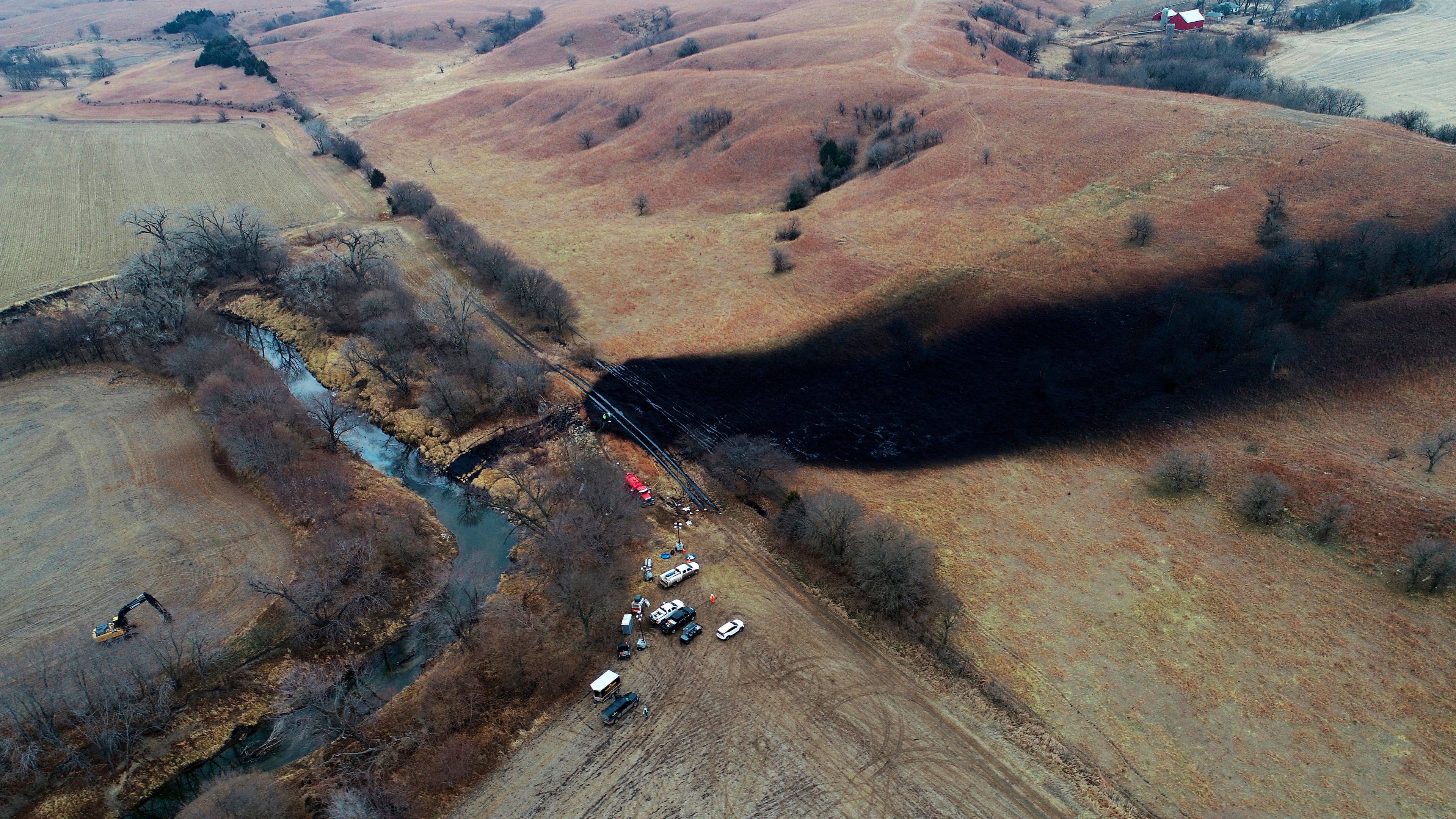 FILE - This photo taken with a drone shows the area where the ruptured Keystone pipeline dumped oil into a creek in Washington County, Kan., Dec. 9, 2022. (Zeitview via AP, File)