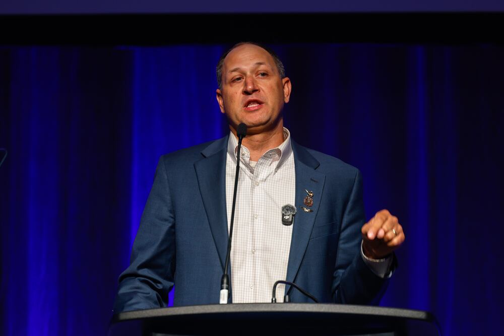 Democratic congressional candidate Tony Kozycki speaks during the Democratic Party of Georgia convention in Savannah last month. (Arvin Temkar/AJC)