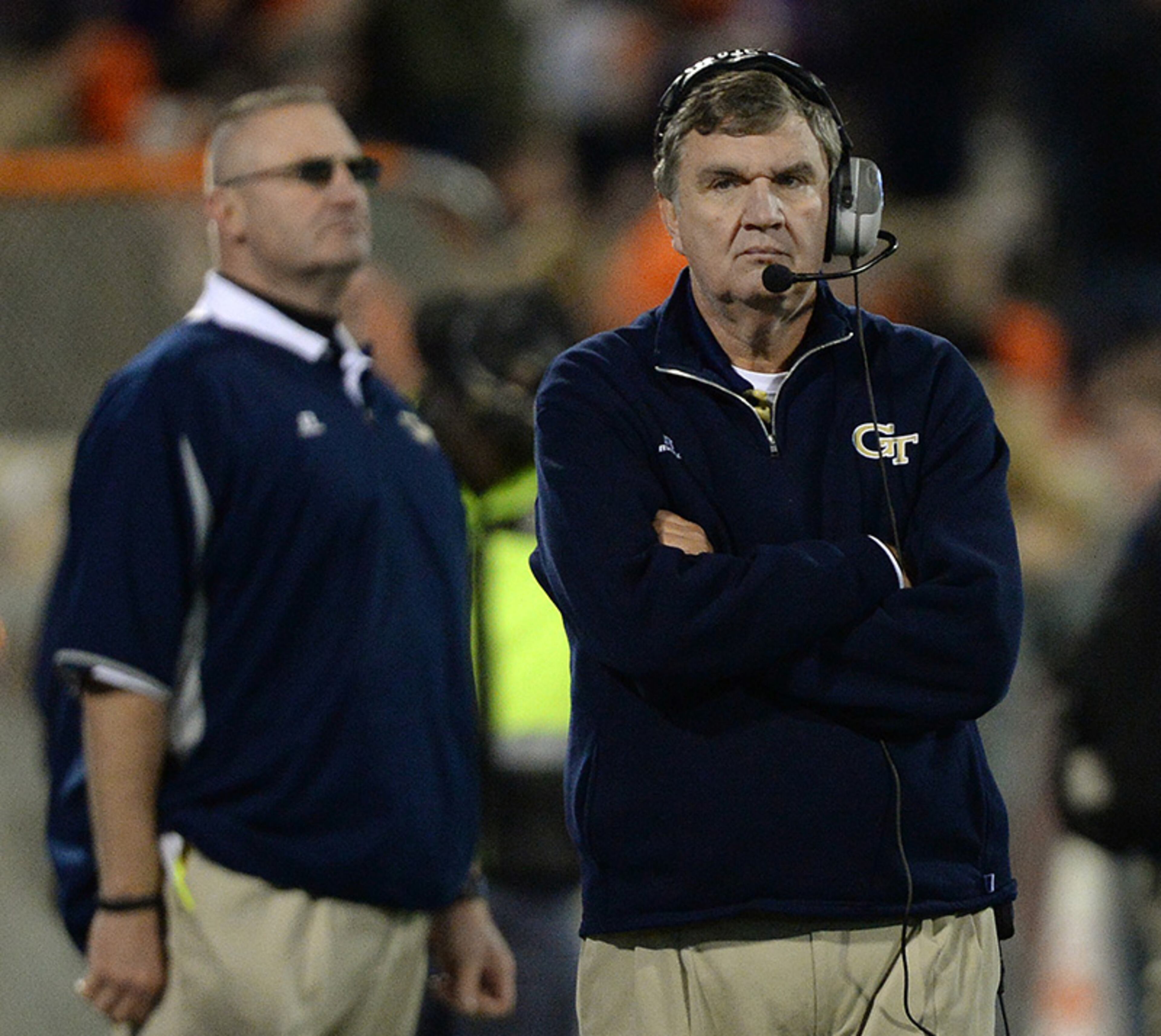Georgia Tech head coach Paul Johnson observes the action from the sidelines. The Jackets lost their second straight to Clemson. The 55 points allowed by Tech tied for second most ever allowed by the Jackets in a game in school history. Clemson hadn’t scored that many against Tech since a 73-0 win in 1903.