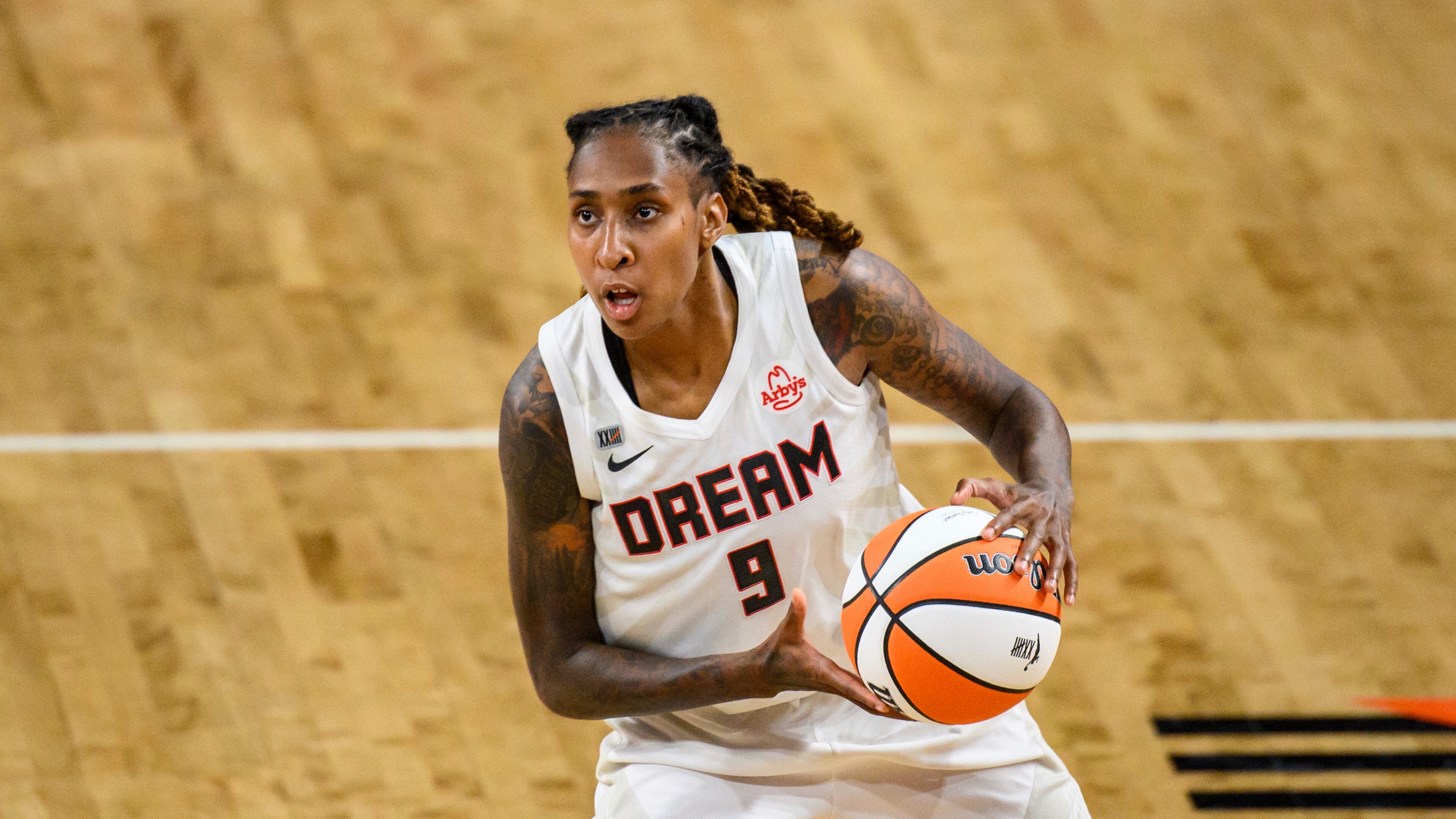Atlanta Dream guard Crystal Bradford (9) looks to shoot during a WNBA basketball game against the Chicago Sky, Wednesday, May 19, 2021, in College Park, Ga. The Chicago Sky won 85-77. (AP Photo/Danny Karnik)