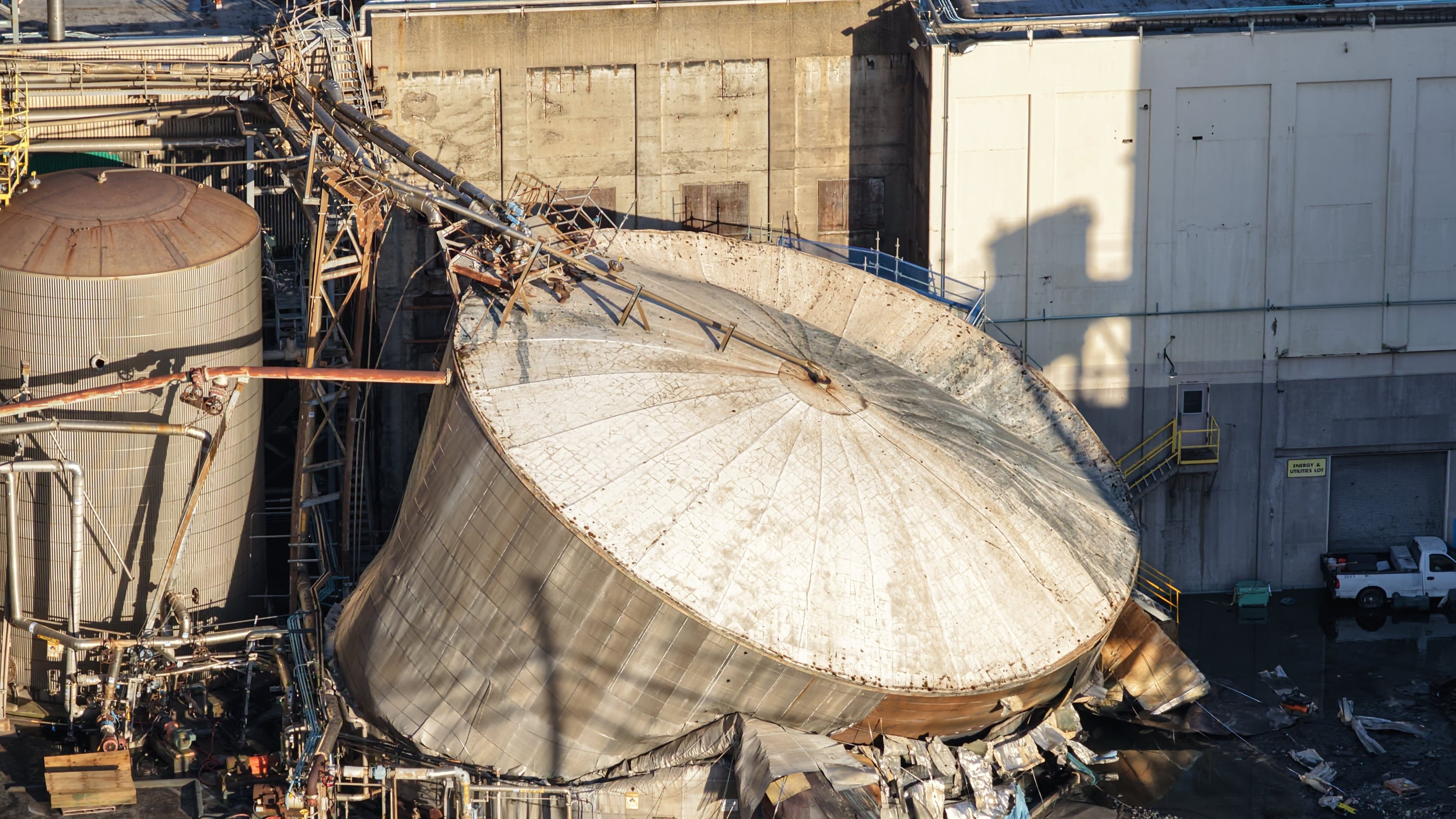 Damage is seen at Nippon Dynawave Packaging Co., after a tank containing hazardous liquid imploded, on Tuesday, May 26, 2026, in Longview, Wash. (Karen Ducey/The Seattle Times via AP)