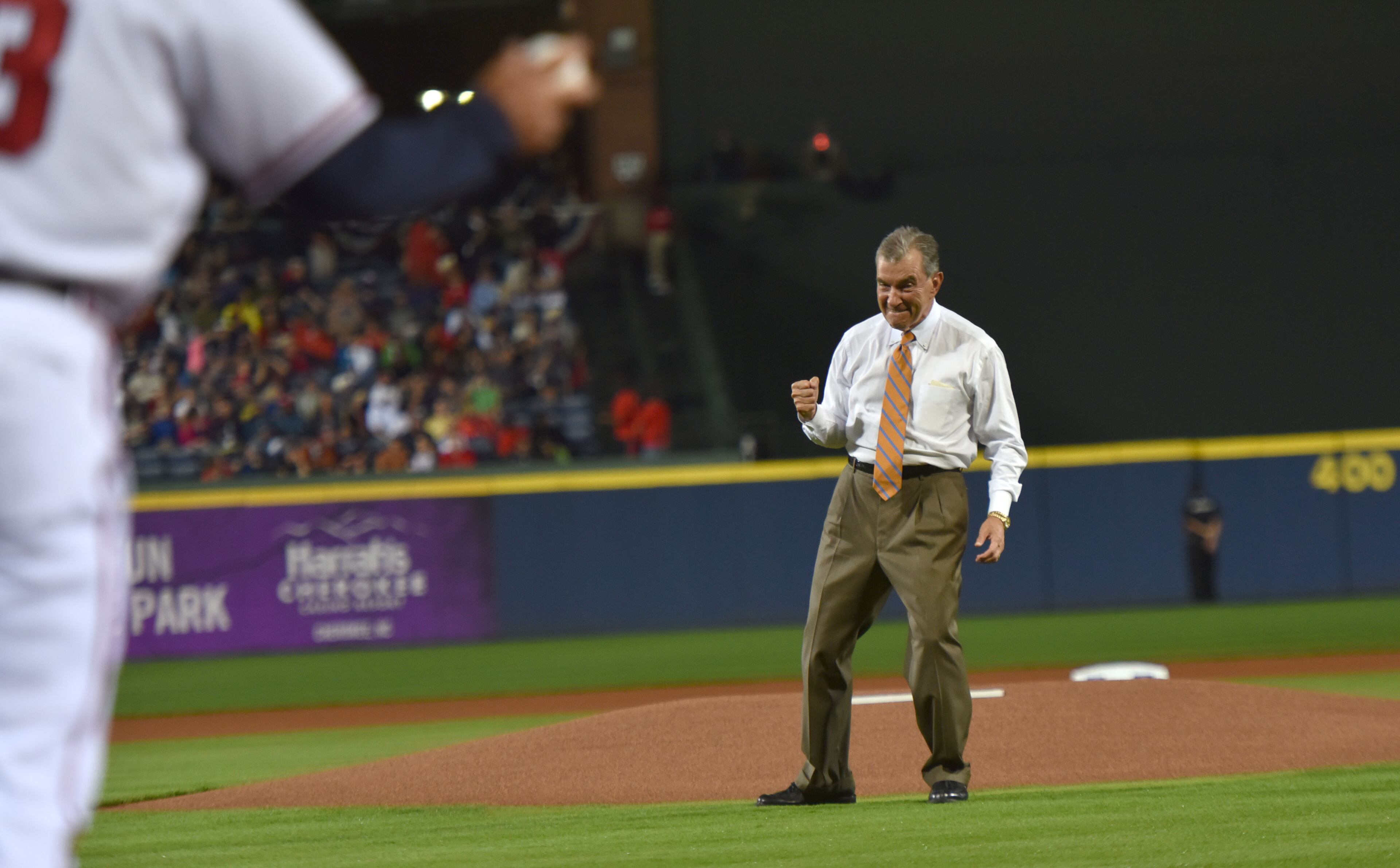 Number 10: A strike from Schuerholz -- Team president John Schuerholz is pleased with his ceremonial pitch before a game on April 10, 2015. Photo by Hyosub Shin.