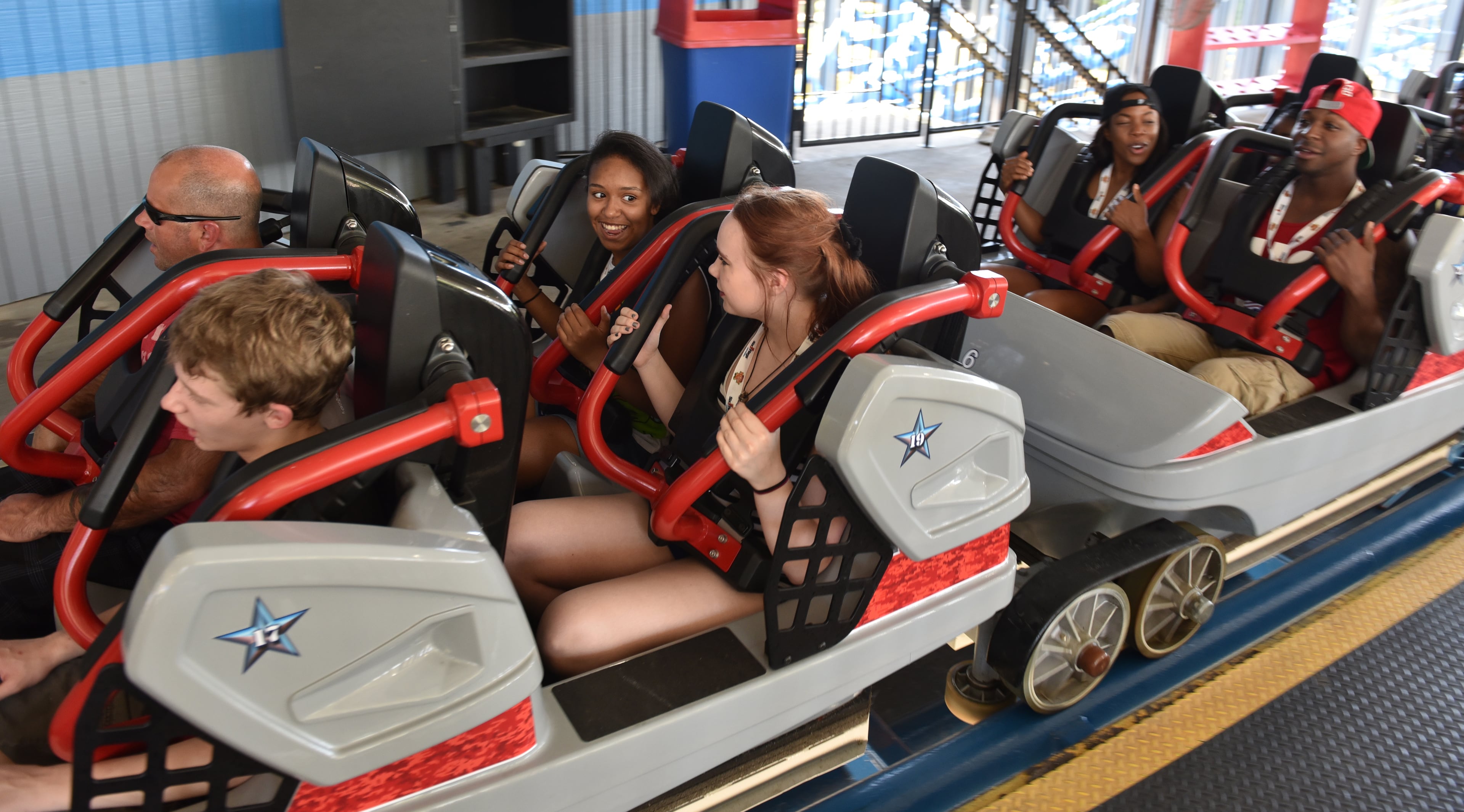 June 9, 2016 Atlanta: Six Flags opened the revamped Ninja roller coaster to the public Thursday afternoon under a new name. The roller coaster formerly known for its rough and jerky ride is now called "Blue Hawk" Changes to the track, cars and harnesses system resulted in a smoother ride. The first rides were given to members of the military and their families before being open to the general public. BRANT SANDERLIN/BSANDERLIN@AJC.COM