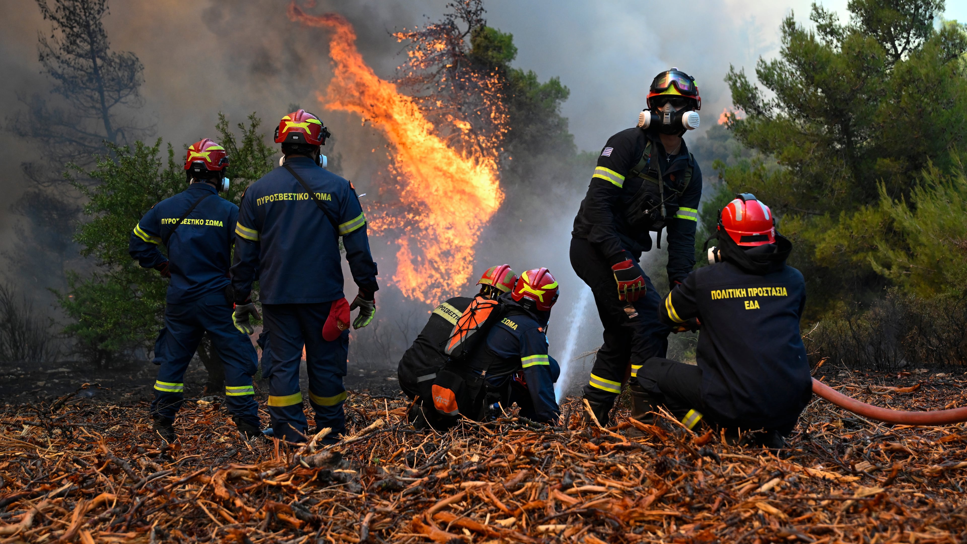 Firefighters operate during a wildfire near Porto Germeno, northwest of Athens, Greece, Sunday, Aug. 2, 2026. (AP Photo/Michael Varaklas)