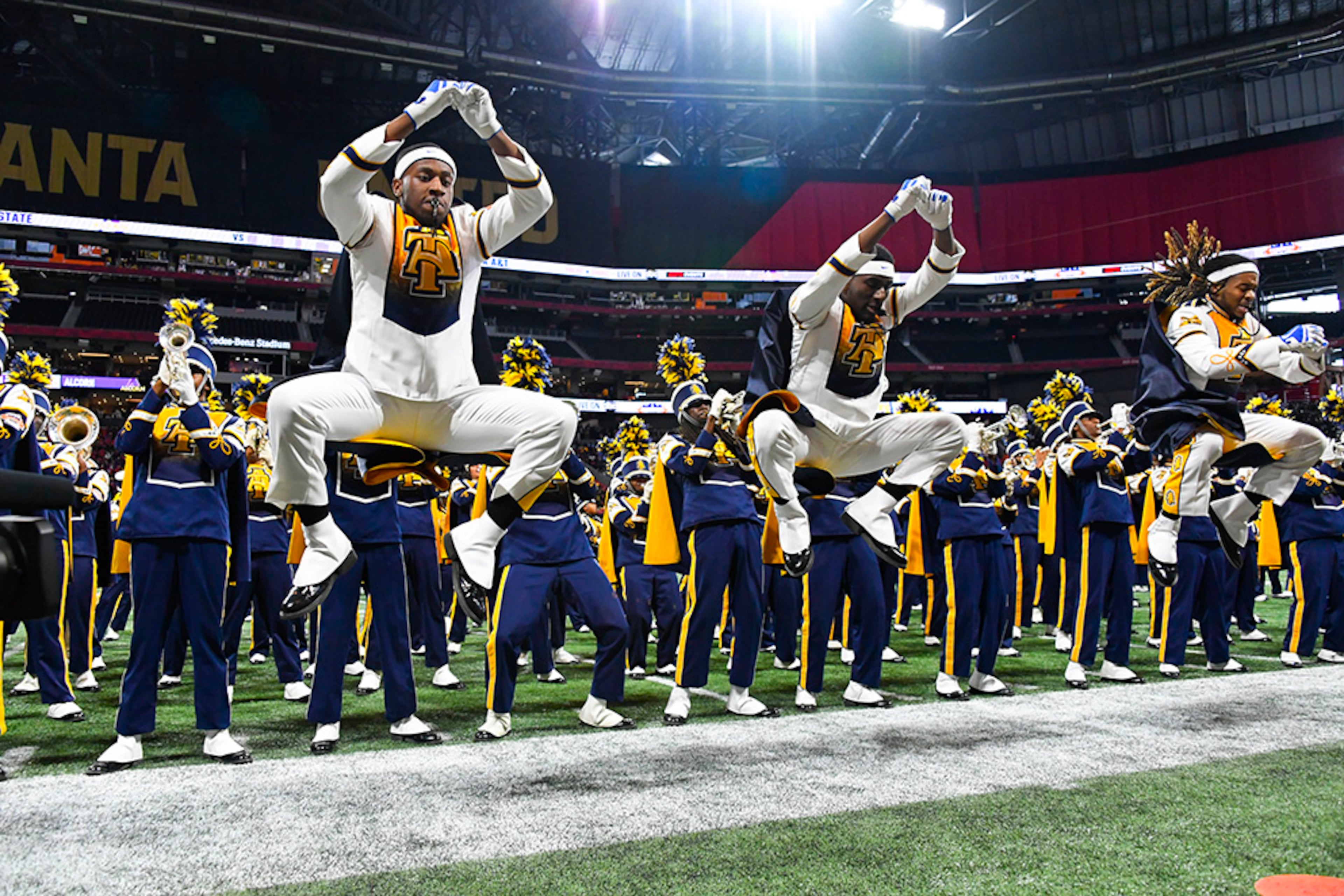 North Carolina A&T drum majors perform during halftime of the Celebration Bowl Saturday, Dec. 21, 2019, at Mercedes-Benz Stadium in Atlanta.