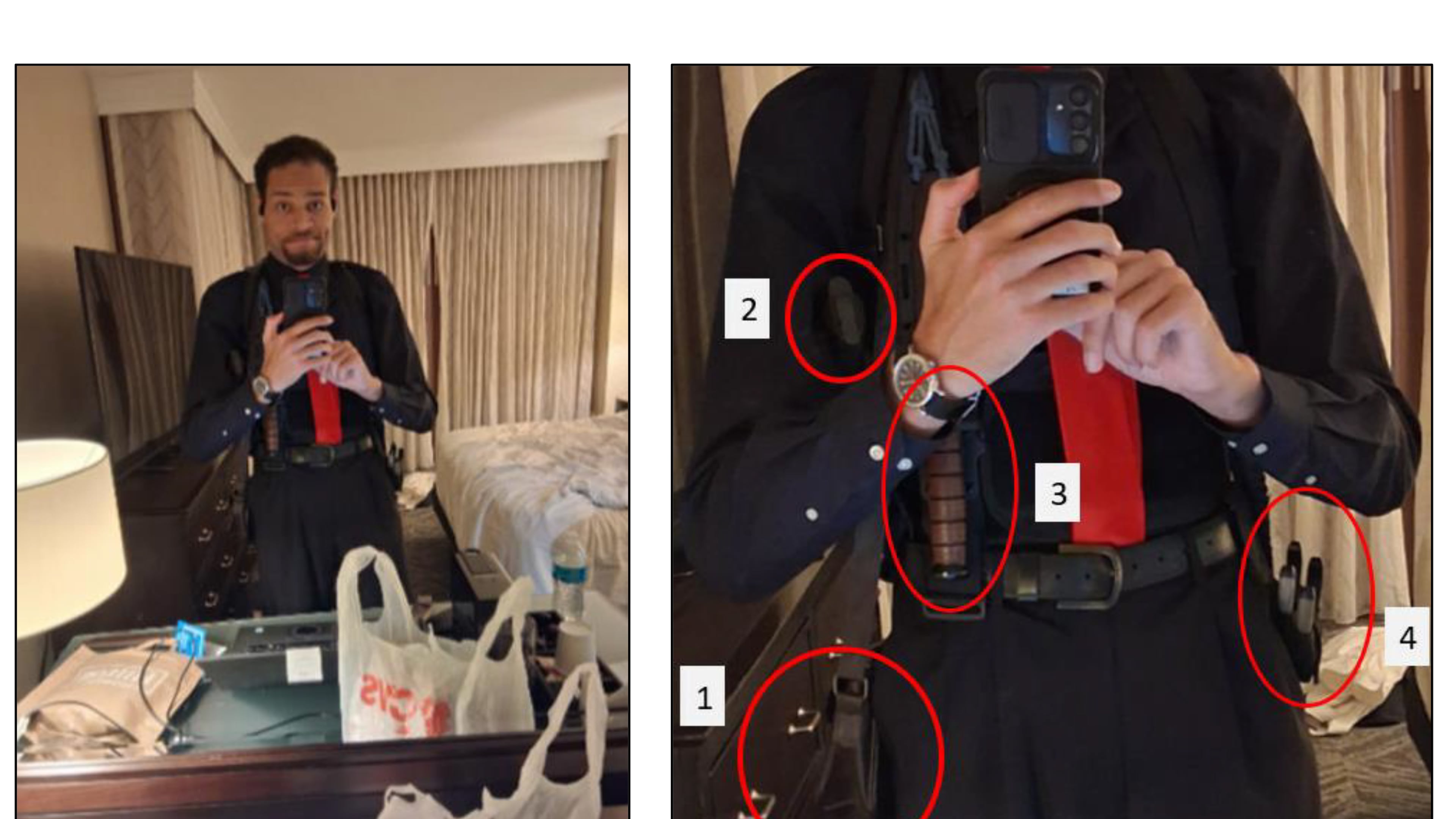 This image contained in a court filing by the Department of Justice, April 29, 2026, shows Cole Tomas Allen, left, inside his hotel room, on Saturday, April 25, 2026 in Washington, using his cellphone to take a photograph of himself in the mirror. An enhanced version of the image is right. (Department of Justice via AP)