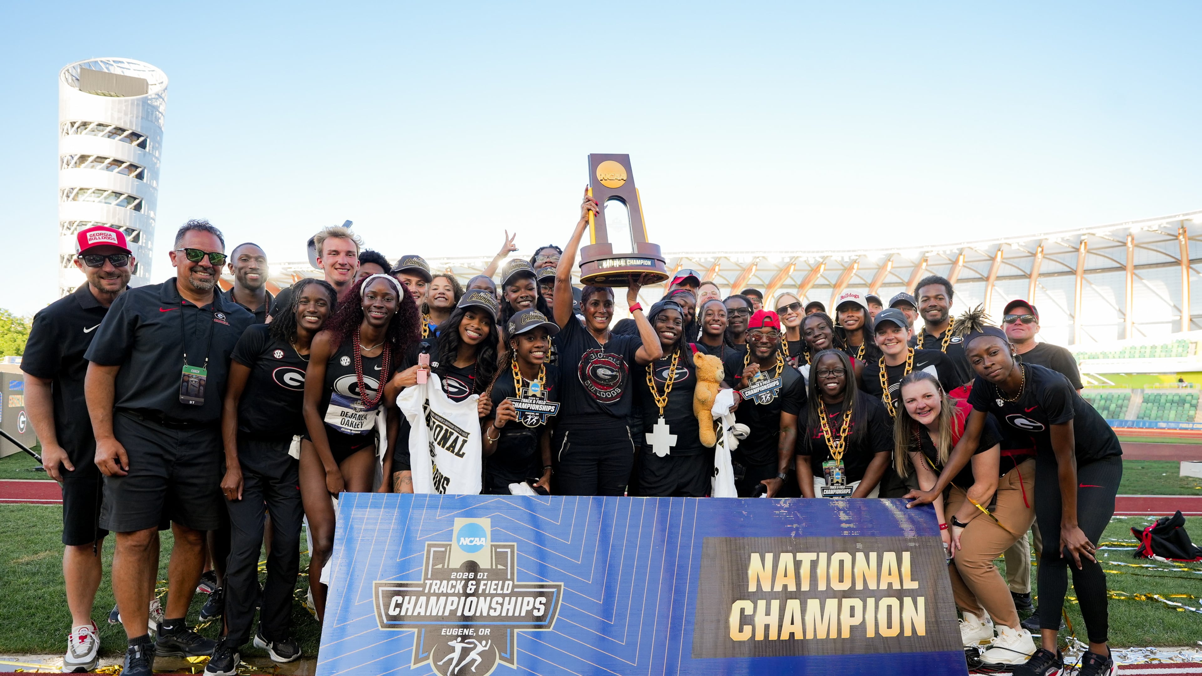 The Georgia women's track and field team celebrates its national title Saturday, June 13, 2026, at the NCAA Outdoor Track and Field Championships in Eugene, Oregon. (Courtesy of UGAAA)