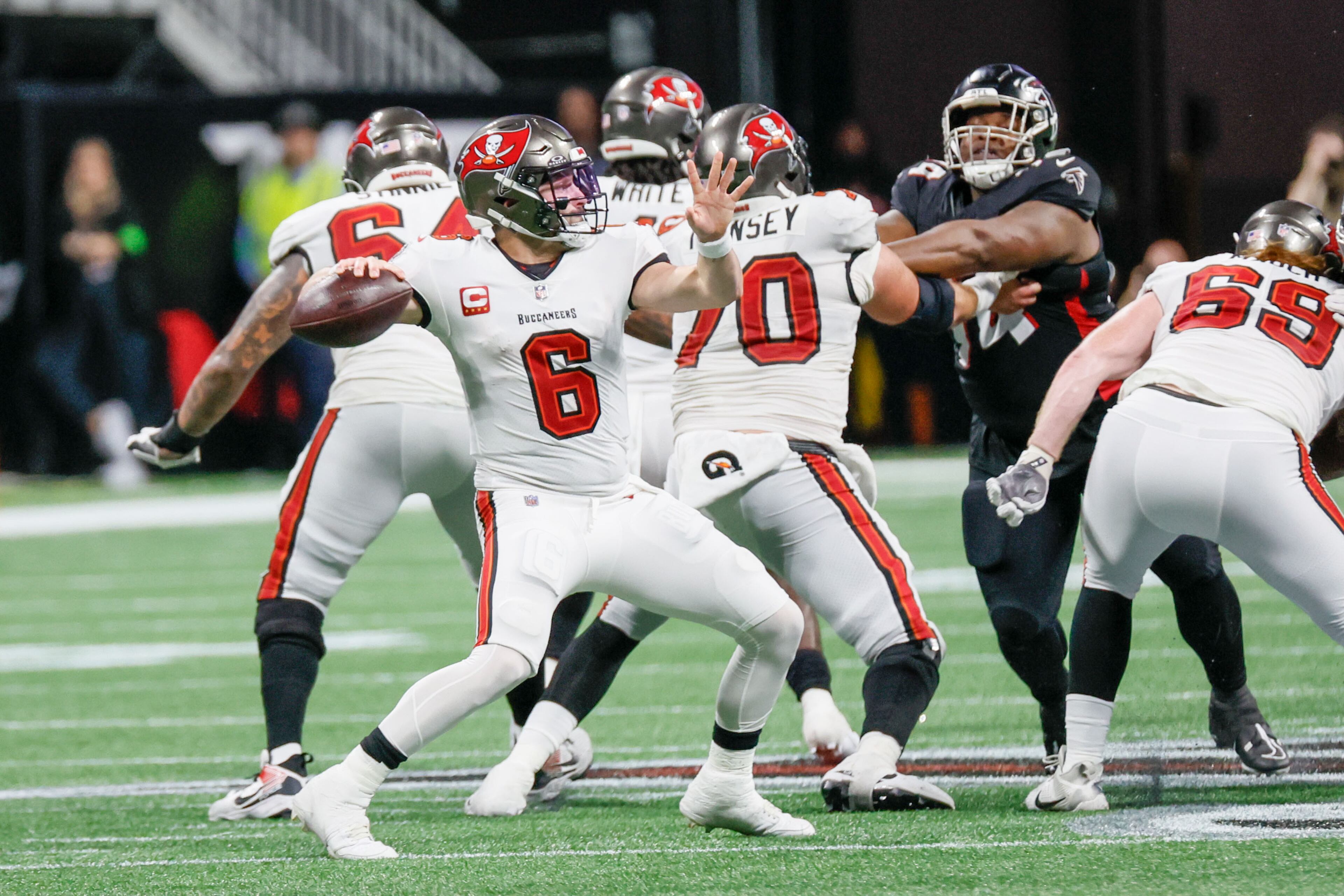 Tampa Bay Buccaneers quarterback Baker Mayfield passes during the second half of an NFL football game against the Atlanta Falcons on Sunday, Dec. 10, 2023, at Mercedes-Benz Stadium in Atlanta.
Miguel Martinez/miguel.martinezjimenez@ajc.com