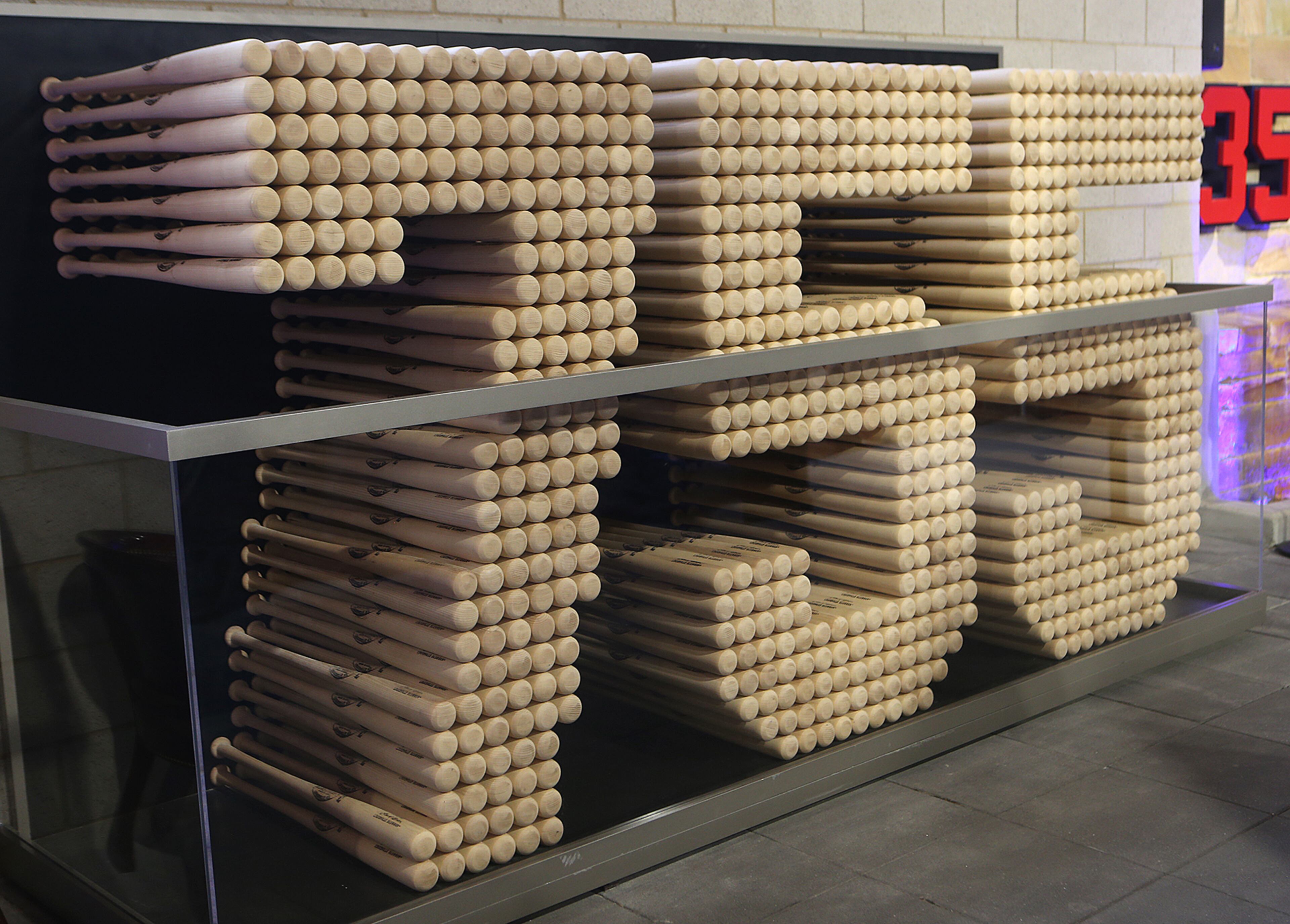 March 29, 2017, Atlanta: Baseball bats spell out the number 755, part of the display at the Hank Aaron statue in Monument Garden at SunTrust Park on Wednesday, March 29, 2017, in Atlanta. Curtis Compton/ccompton@ajc.com