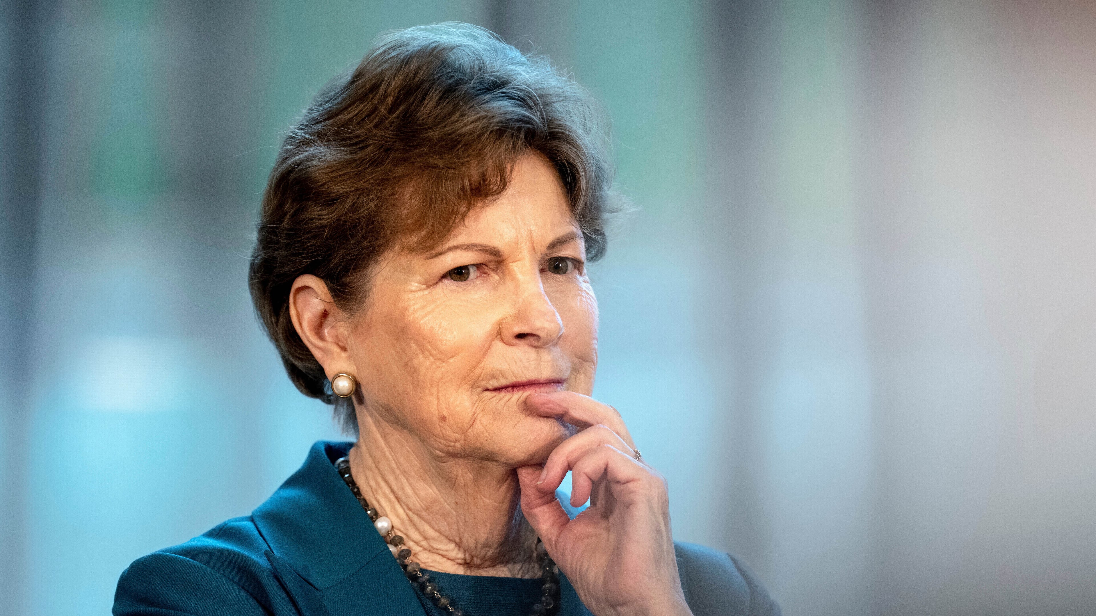 FILE - U.S. Sen. Jeanne Shaheen, D-N.H., looks on during a press conference with the American delegation, consisting of senators and members of the House of Representatives, in Copenhagen, Denmark, Saturday, Jan. 17, 2026. (Ida Marie Odgaard/Ritzau Scanpix via AP, File)