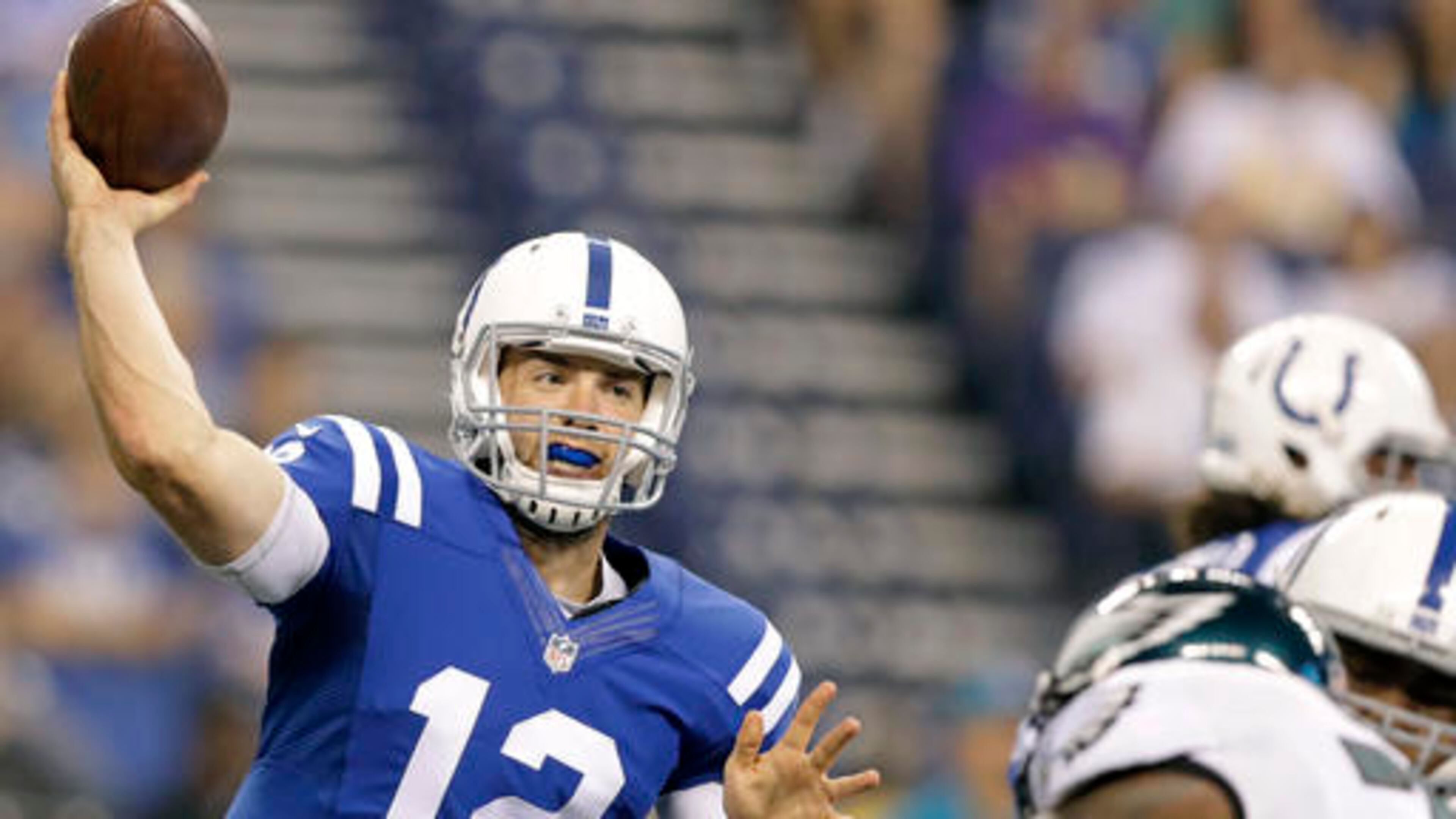 FILE - This Saturday, Aug. 27, 2016 file photo shows Indianapolis Colts quarterback Andrew Luck (12) throwing against the Philadelphia Eagles during the first half of an NFL preseason football game in Indianapolis. Luck returns for the Colts, and so do postseason expectations for a team that has made the playoffs 14 of the past 17 seasons. (AP Photo/Darron Cummings, File)