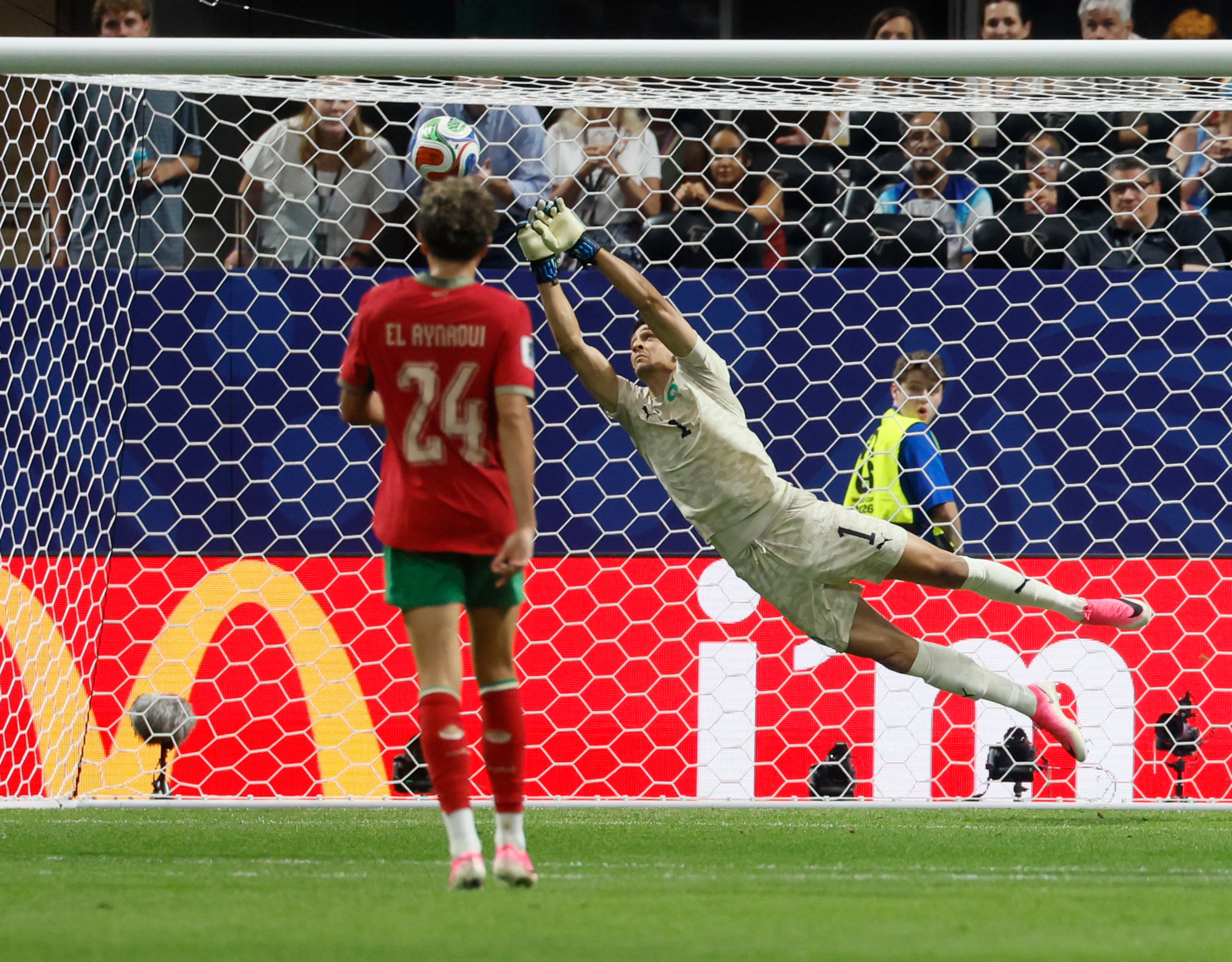 Morocco goalkeeper Yassine Bounou cannot stop the goal of Haiti's Wilson Isidor during first half of Morocco vs. Haiti Group C FIFA World Cup match at Atlanta Stadium (Mercedes-Benz Stadium) on Wednesday, June 24, 2026. (Miguel Martinez/AJC)