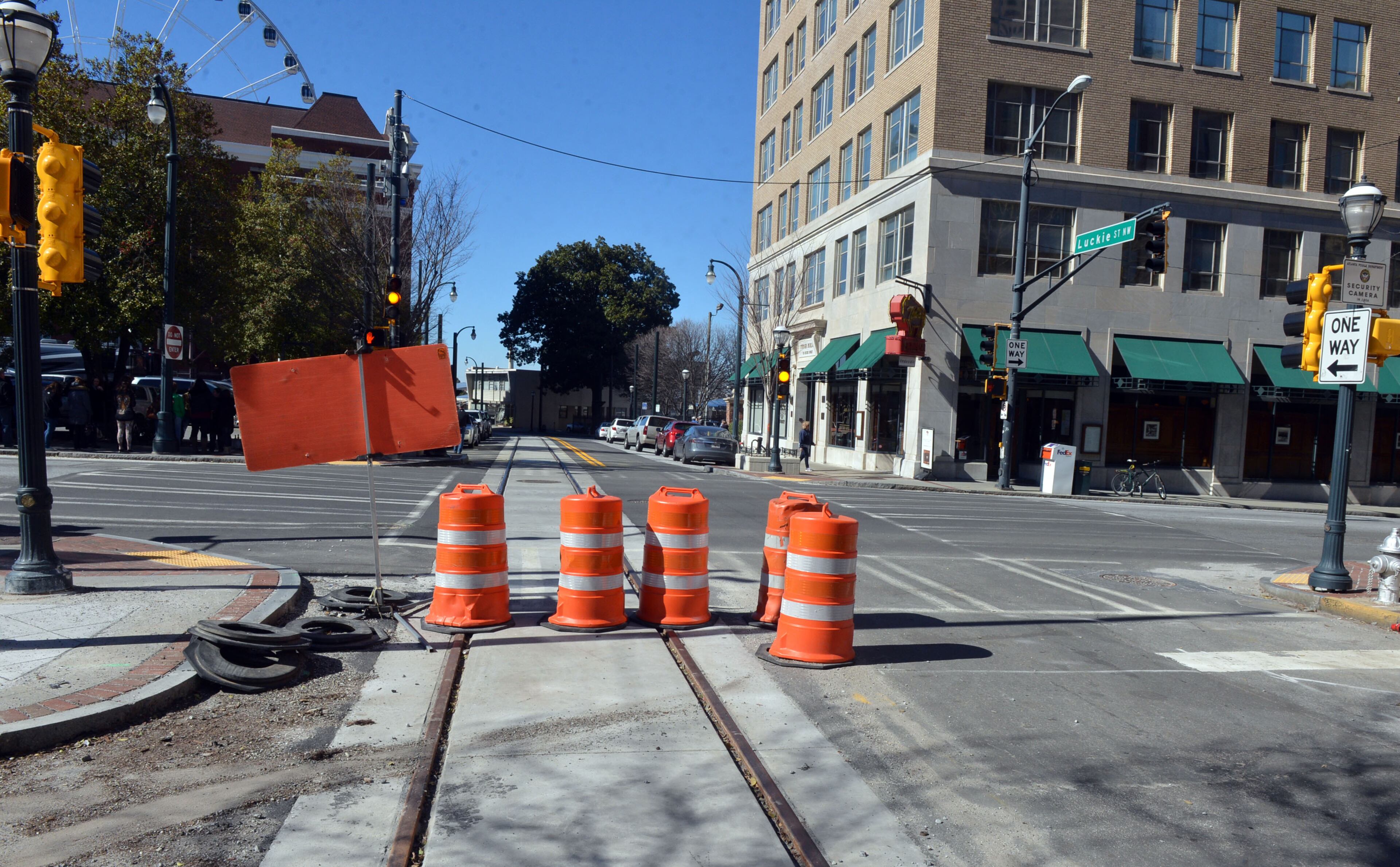 Tracks crossing the intersection of Luckie Street and Spring Street. Photos along the route of the downtown streetcar, shot Thursday, February 27, 2014. Less than three months from the planned launch of the new Atlanta Streetcar service, the city has yet to decide who will operate and maintain it.