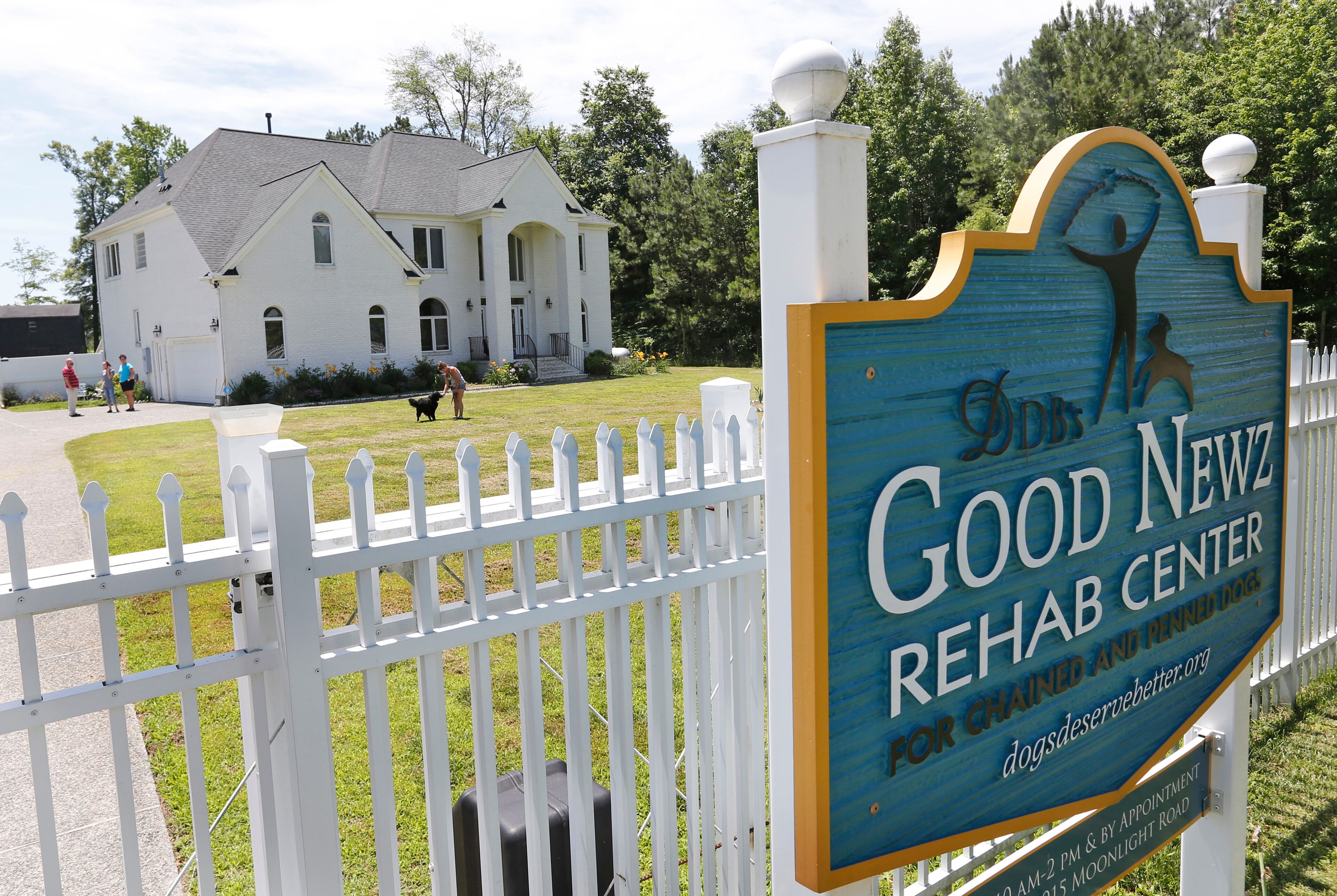 In this June 15, 2015, photo, caretaker Chrissy Appel, works with a dog in front of the Good News Rehab Center, the former home of NFL football quarterback Michael Vick's Bad Newz Kennel, in Smithfield, Va. The former Atlanta Falcons star quarterback served an 18-month federal prison sentence for running a dogfighting ring. (AP Photo/Steve Helber)