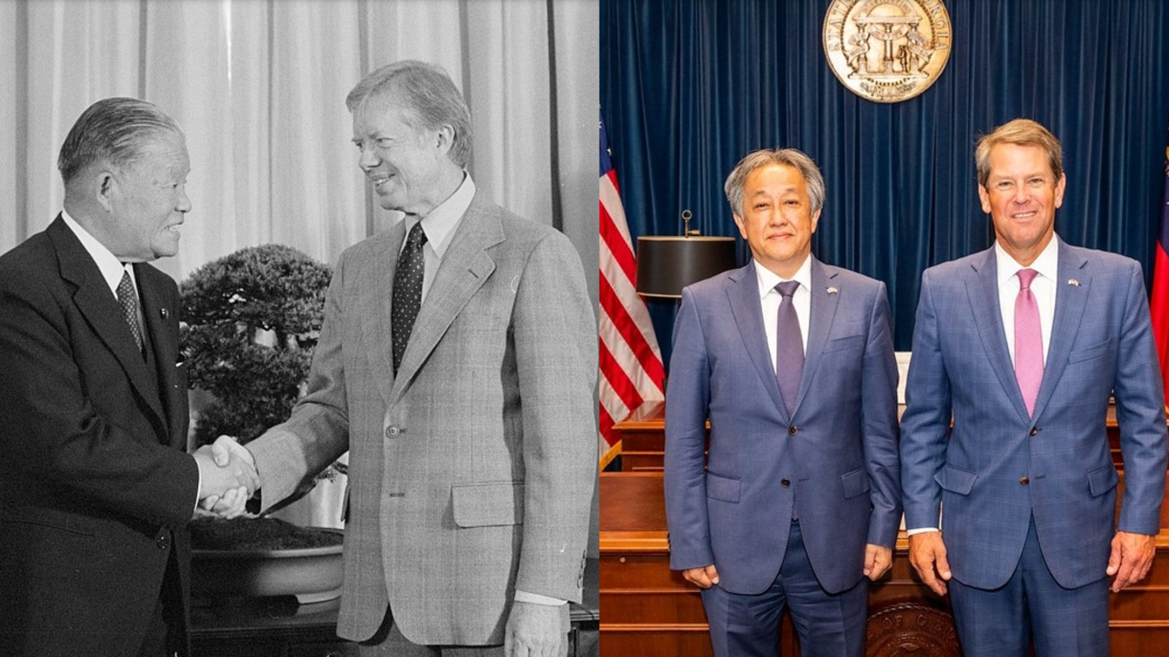 President Jimmy Carter (left) shook hands with Japanese Prime Minister Masayoshi Ohira in 1979. Georgia Gov. Brian Kemp (right) posed for a photo with Kazuyuki Takeuchi, the consul general of Japan in Atlanta, in 2019.