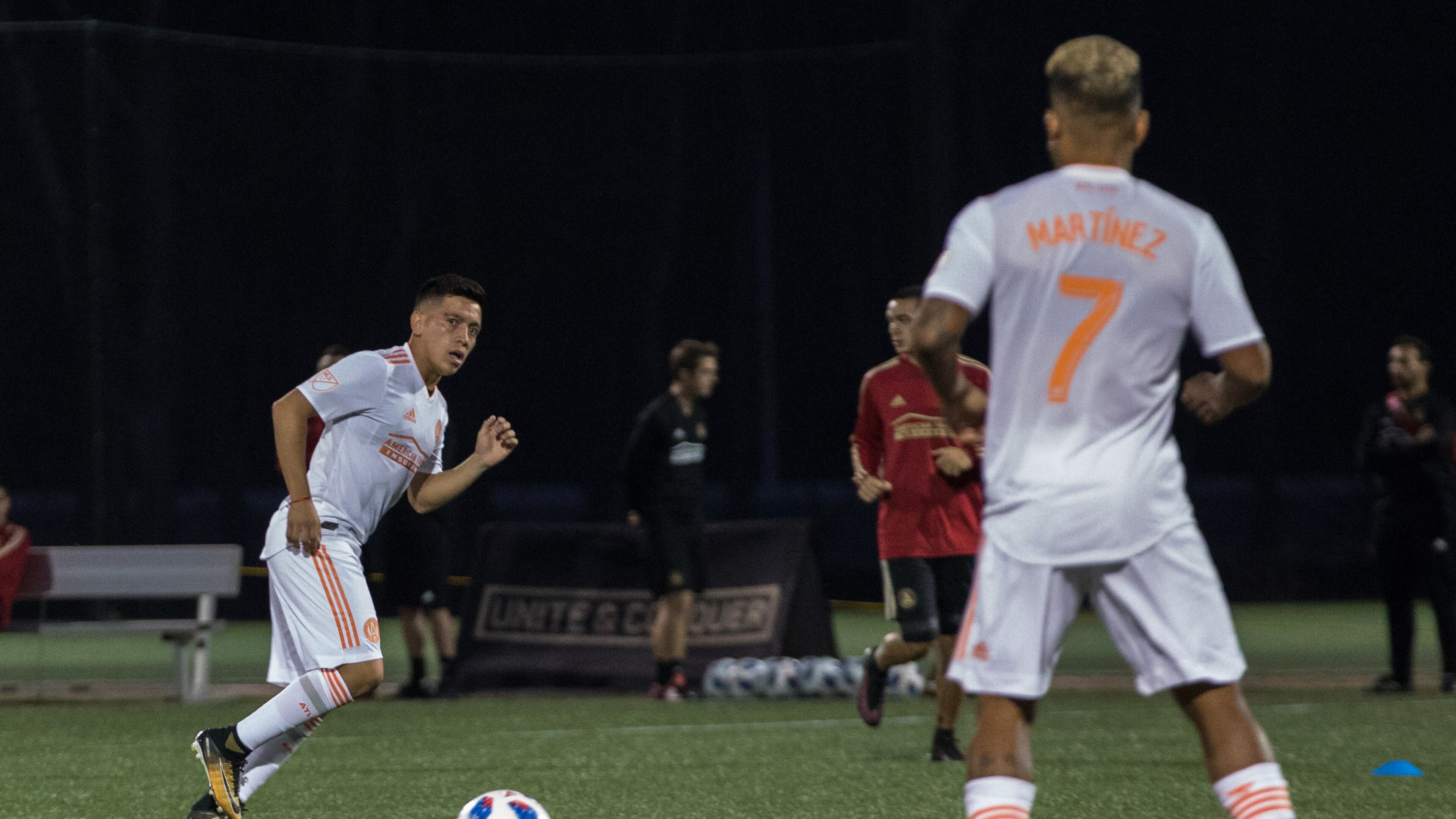 Atlanta United midfielder Ezequiel Barco, of Argentina, passes to forward Josef Martinez (7) during a training session at Children?s Healthcare of Atlanta Training Ground, Thursday, Feb. 15, 2018, in Marietta, Ga. BRANDEN CAMP/SPECIAL