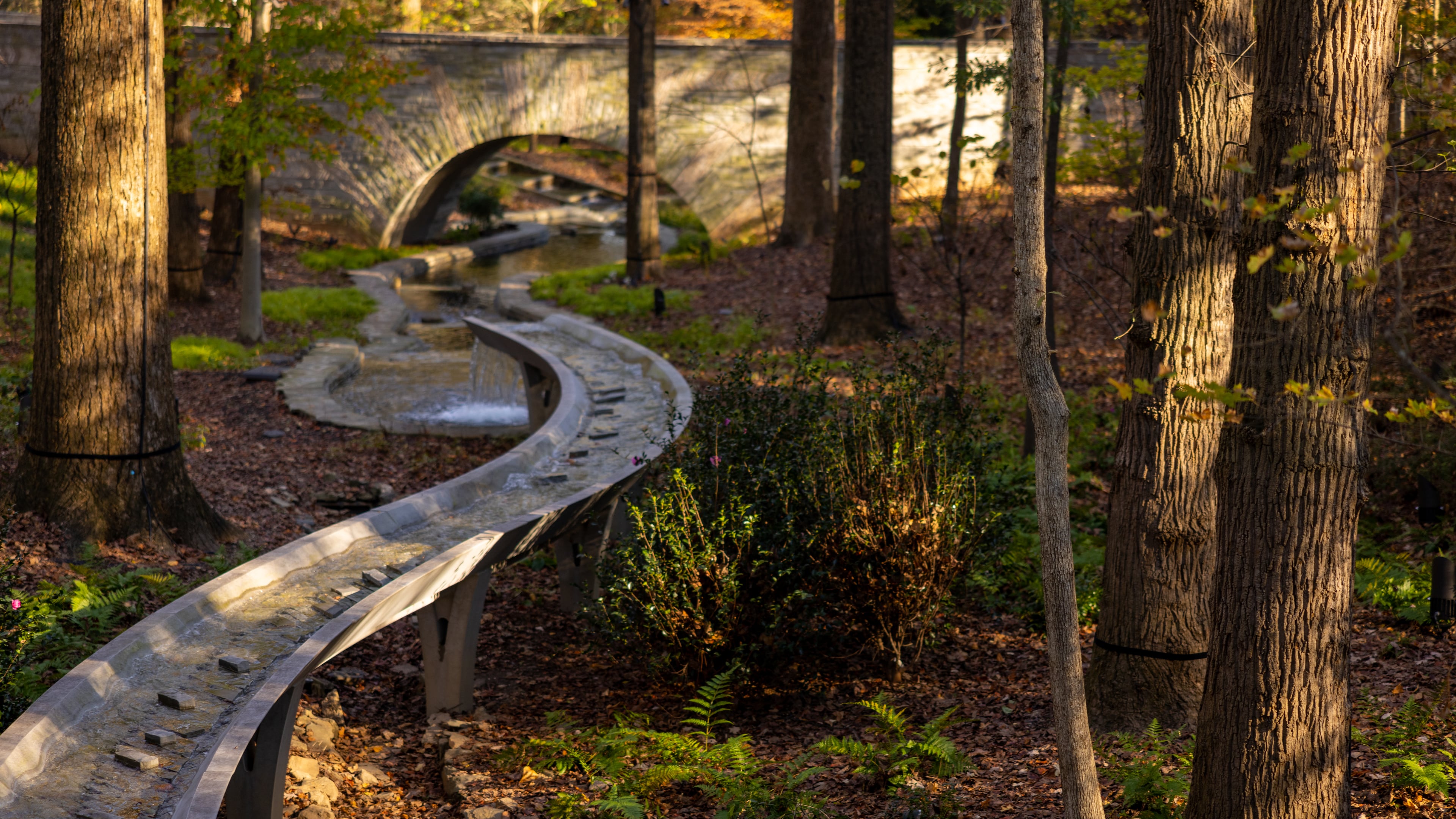 A stream runs under a bridge at Atlanta Botannical Garden on November 17, 2022