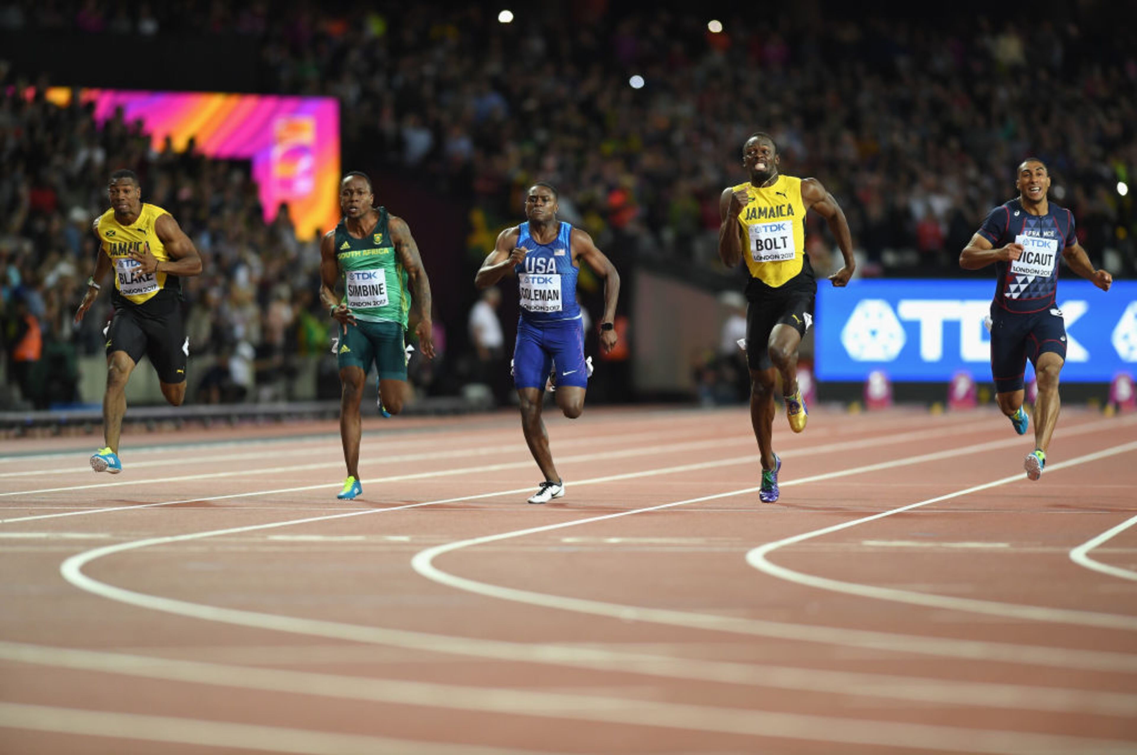 LONDON, ENGLAND - AUGUST 05: (L-R) Yohan Blake of Jamaica, Akani Simbine of South Africa, Christian Coleman of the United States and Usain Bolt of Jamaica cross the finish line in the men's 100m final during day two of the 16th IAAF World Athletics Championships London 2017 at The London Stadium on August 5, 2017 in London, United Kingdom. (Photo by Matthias Hangst/Getty Images)