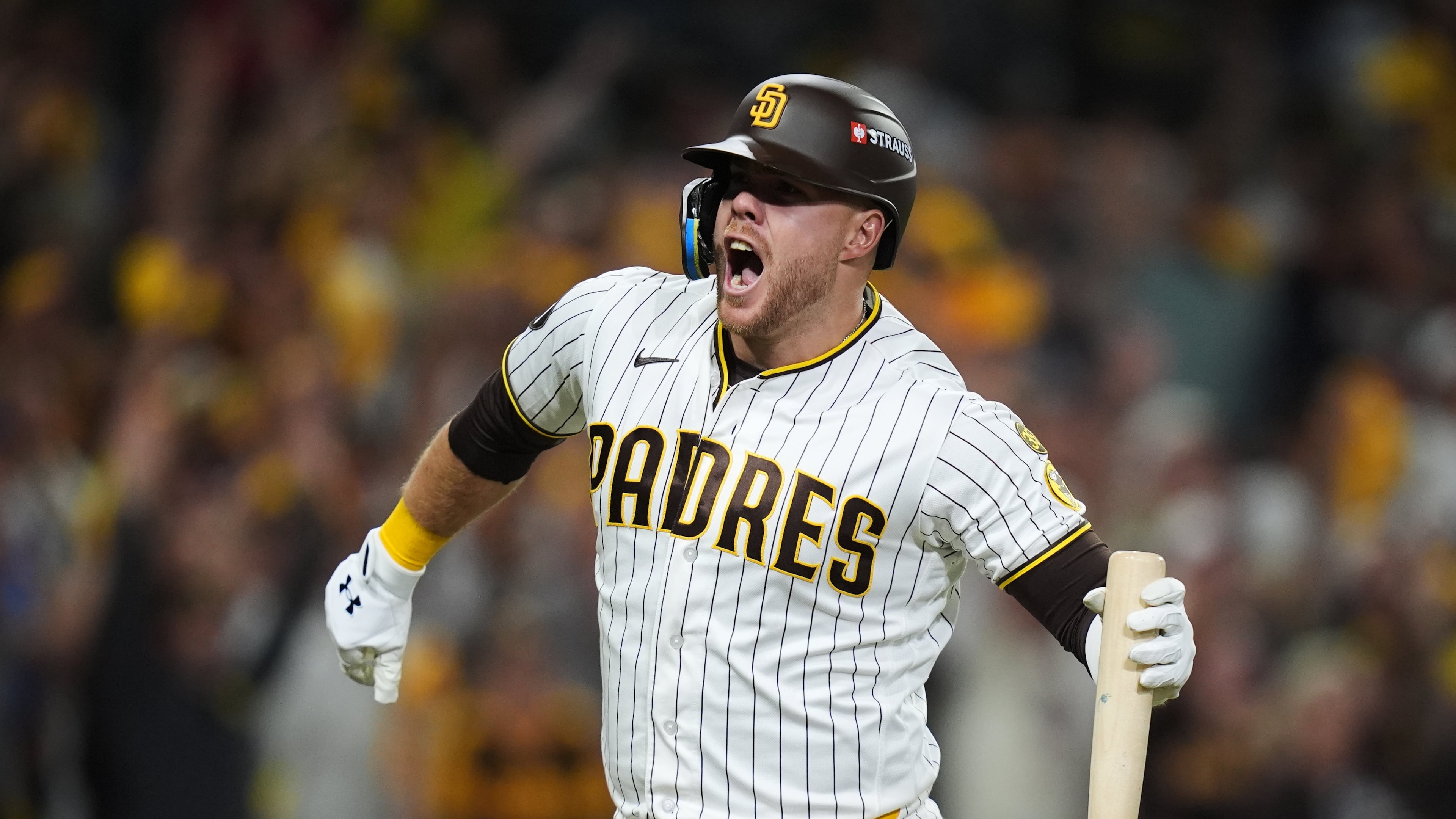 San Diego Padres Gavin Sheets celebrates his two-run home run against the Chicago Cubs in the fourth inning of Game 2 of the National League Wild Card baseball playoff series Wednesday, Sept. 30, 2026, in San Diego. (AP Photo/Gregory Bull)