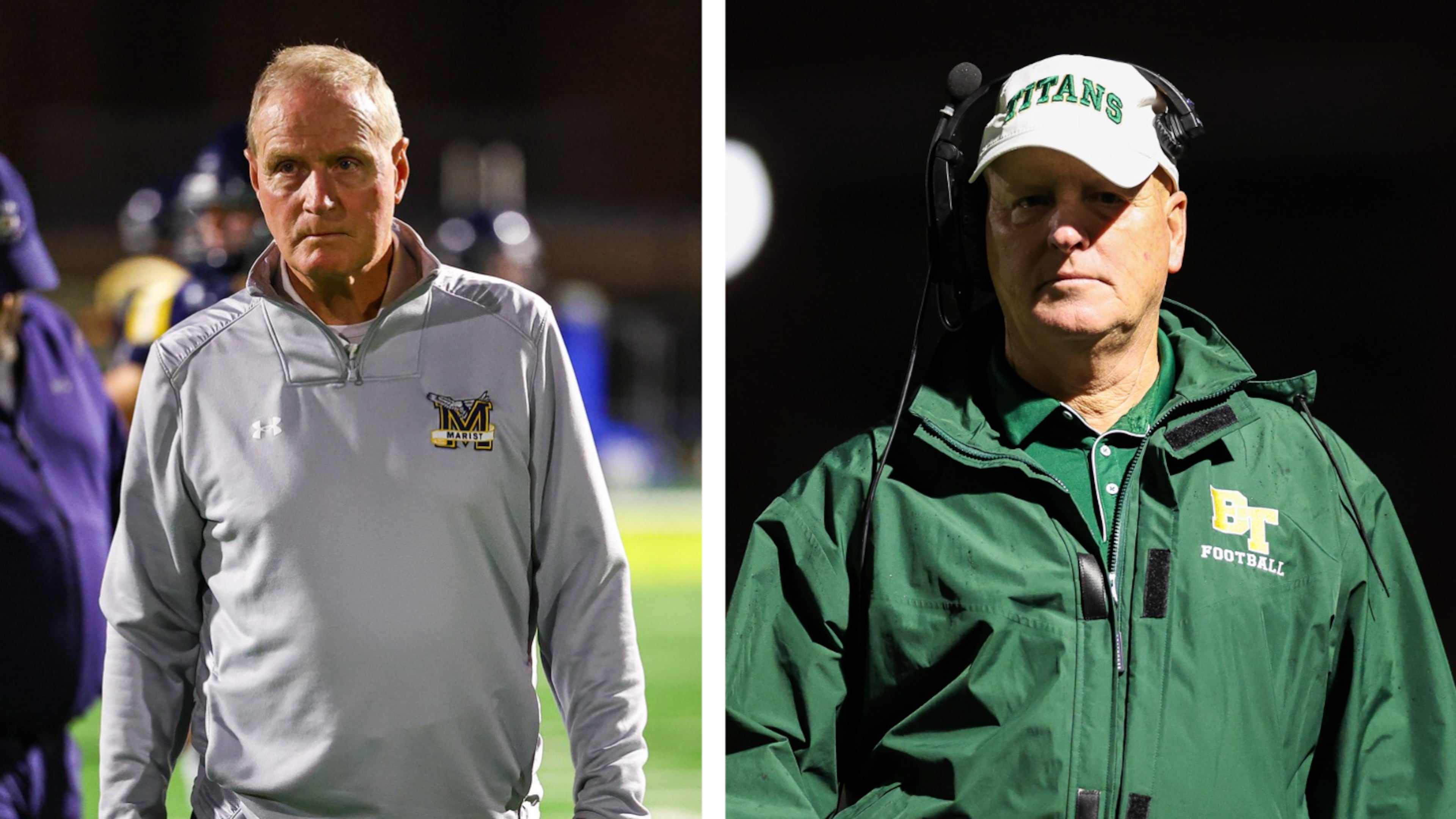 Marist coach Alan Chadwick, left, and Blessed Trinity coach Ed Dudley, right, are the two winningest active GHSA football coaches.