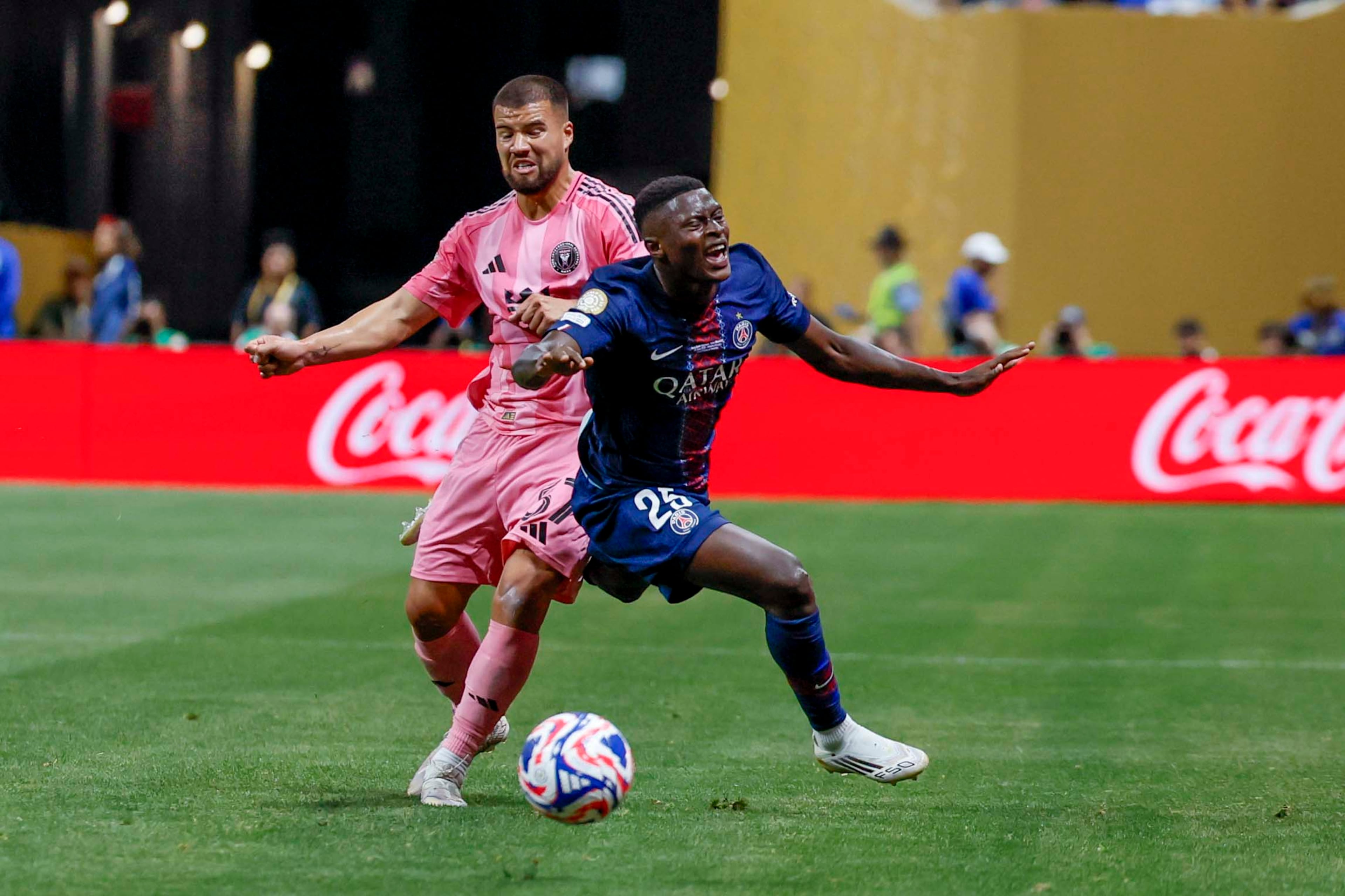 Paris Saint-Germain defender Nuno Mendes (25) reacts after a foul from Inter Miami defender Marcelo Weigandt (57) during the Club World Cup round of 16 soccer match between Paris Saint-Germain FC and Inter Miami in Atlanta, Georgia, on Sunday, June 29, 2025.
(Miguel Martinez/ AJC)