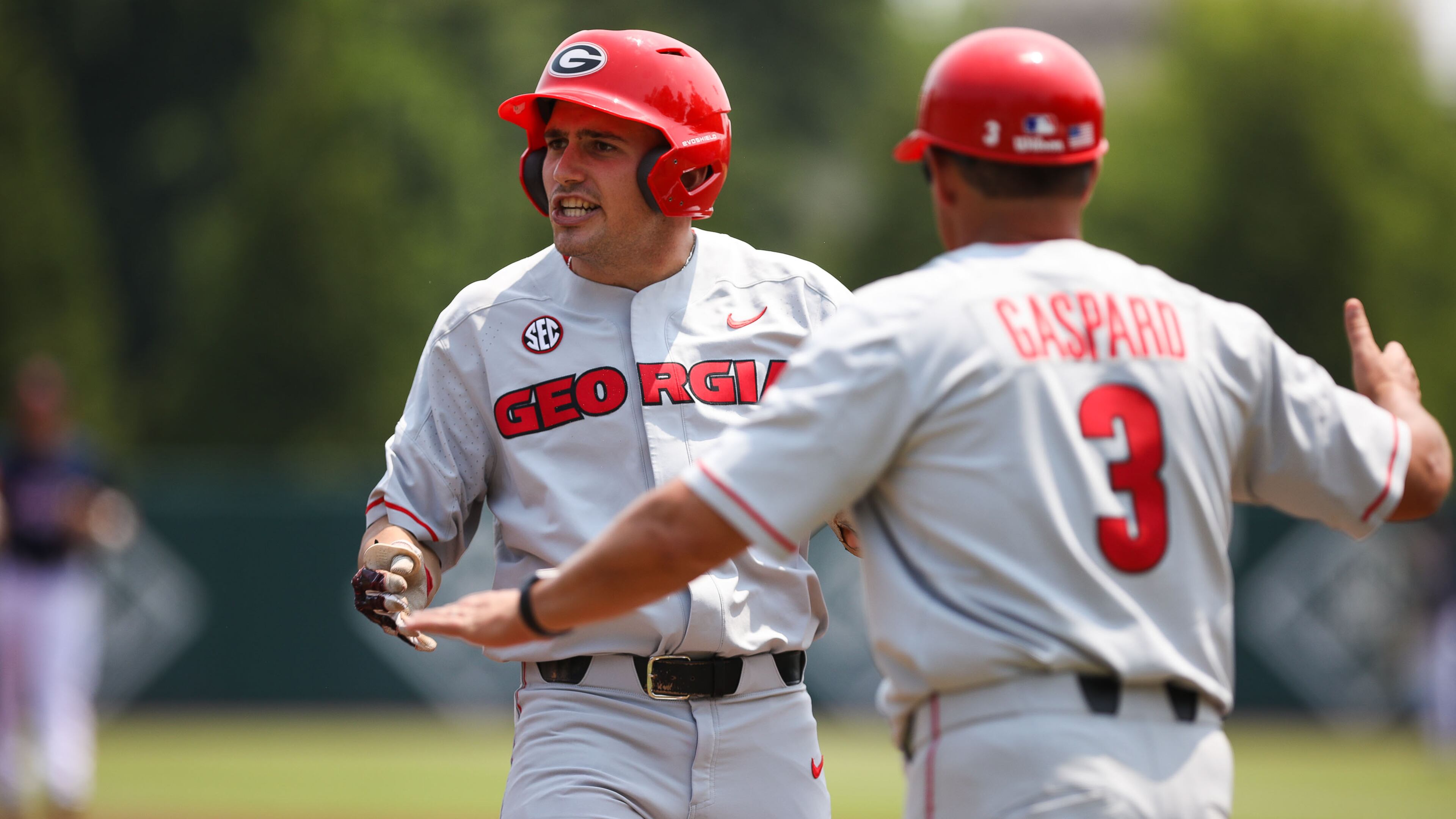 Georgia outfielder Riley King (31) celebrates during the NCAA regional baseball game against Florida Atlantic Sunday, June 2, 2019, at Foley Field in Athens.