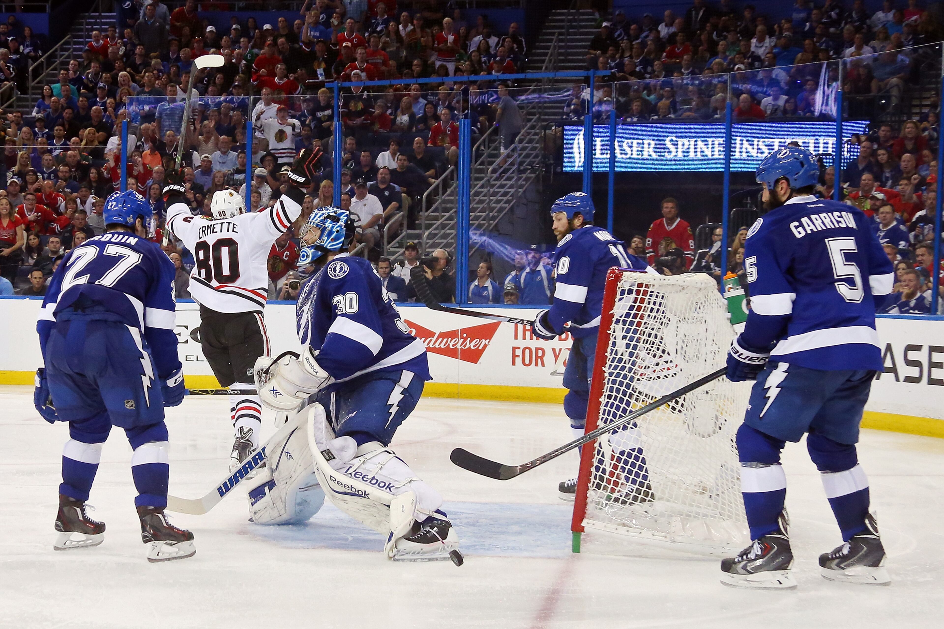 TAMPA, FL - JUNE 13: Antoine Vermette #80 of the Chicago Blackhawks celebrates his third period goal against Ben Bishop #30 of the Tampa Bay Lightning during Game Five of the 2015 NHL Stanley Cup Final at Amalie Arena on June 13, 2015 in Tampa, Florida. (Photo by Bruce Bennett/Getty Images)