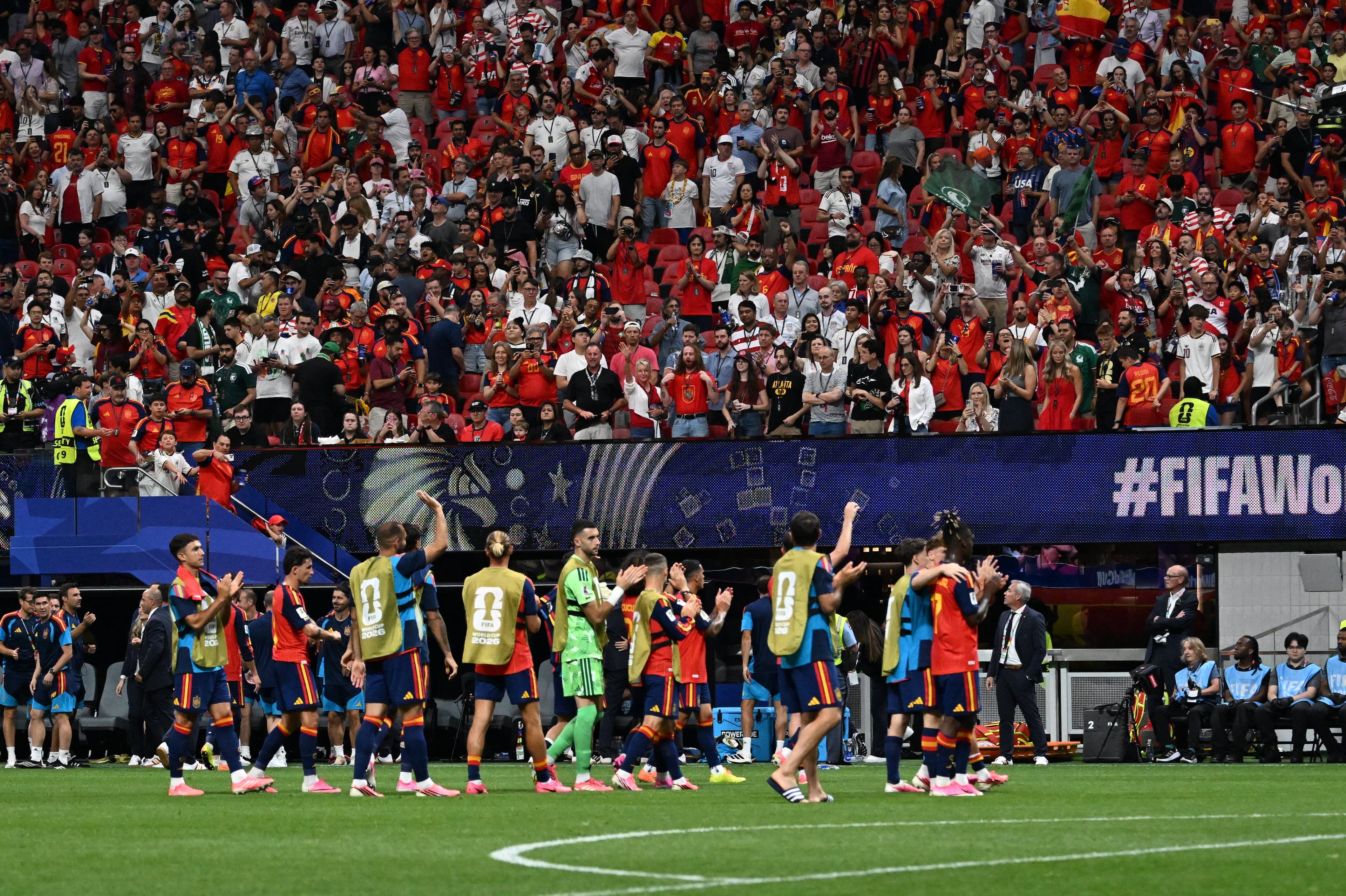 Spain celebrates its 4-0 win over Saudi Arabia in the World Cup on Sunday, June 21, 2026, at Atlanta Stadium. (Hyosub Shin/AJC)