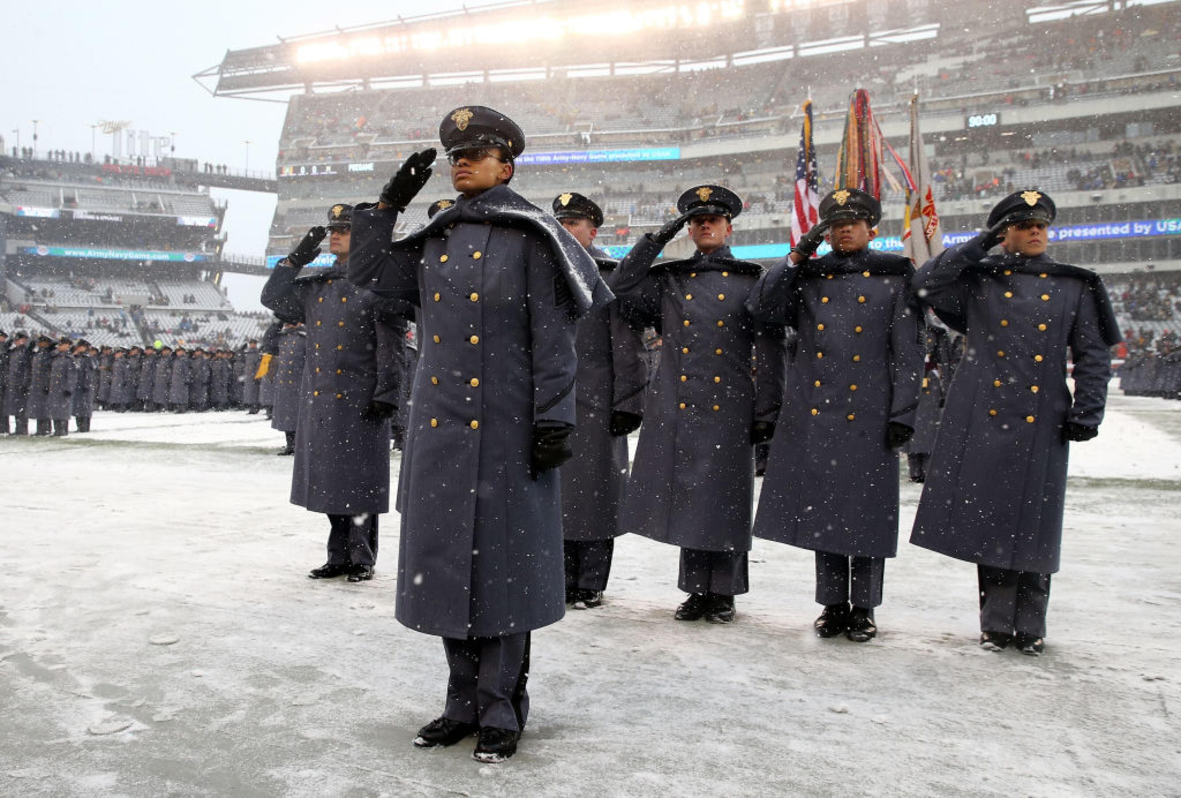 PHILADELPHIA, PA - DECEMBER 09: Simone Askew, first captain of the Corps of Cadets leads the March On before the game between the Army Black Knights and the Navy Midshipmen on December 9, 2017 at Lincoln Financial Field in Philadelphia, Pennsylvania.Askew is the first African American woman to hold the highest student position at the West Point military academy. (Photo by Elsa/Getty Images)
