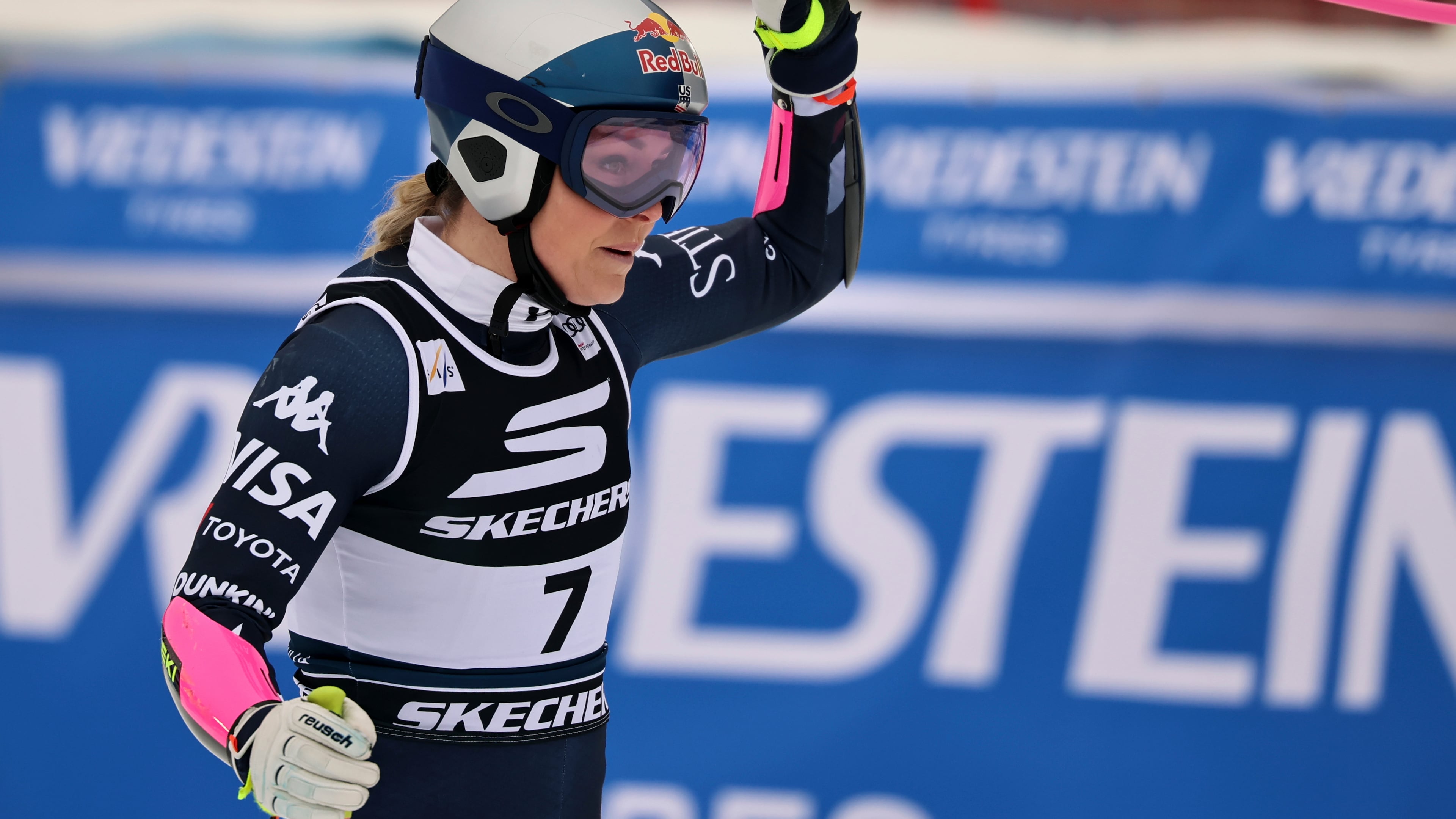United States' Lindsey Vonn celebrates at the finish area of an alpine ski, women's World Cup Super G, in Tarvisio, Italy, Sunday, Jan. 18, 2026. (AP Photo/Marco Trovati)