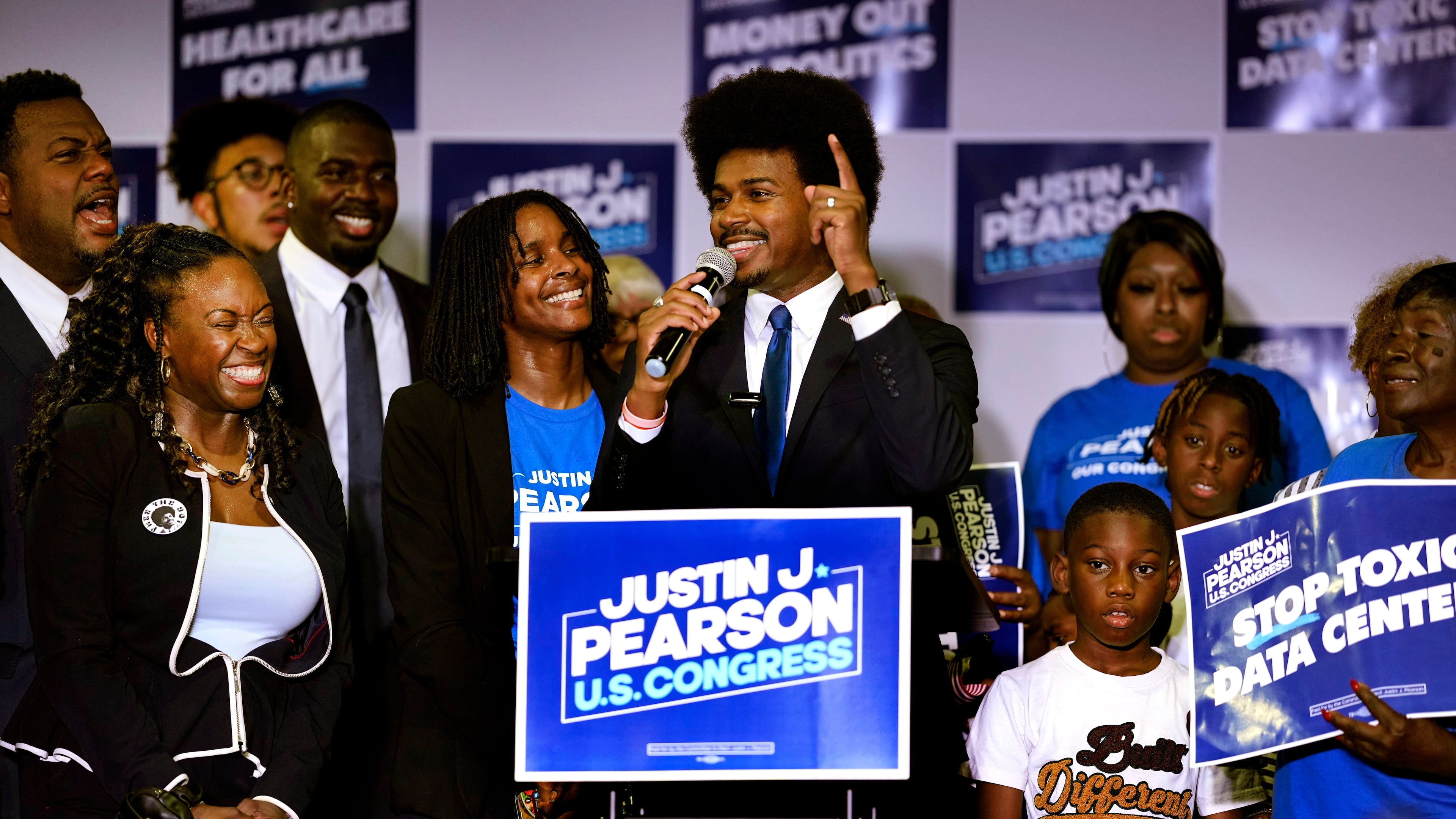 Democratic congressional candidate State Rep. Justin J. Pearson, D-Memphis, speaks to supporters at a primary election night party Thursday, Oct. 17, 2019, in Memphis, Tenn. (AP Photo/George Walker IV)