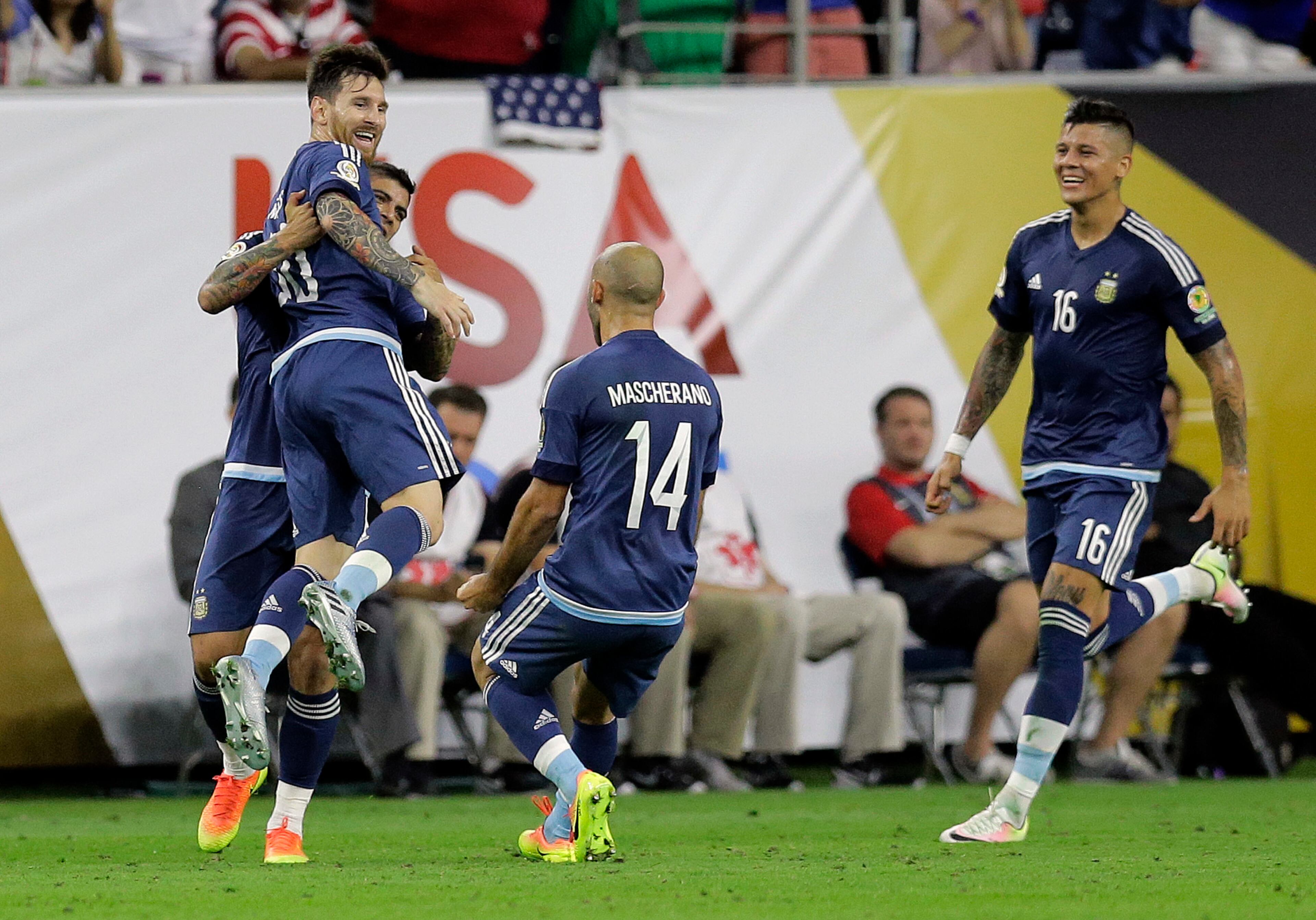 Argentina midfielder Lionel Messi (10) celebrates with teammates after his goal against the United States during a Copa America Centenario soccer semifinal, Tuesday, June 21, 2016, in Houston. (AP Photo/Eric Gay)