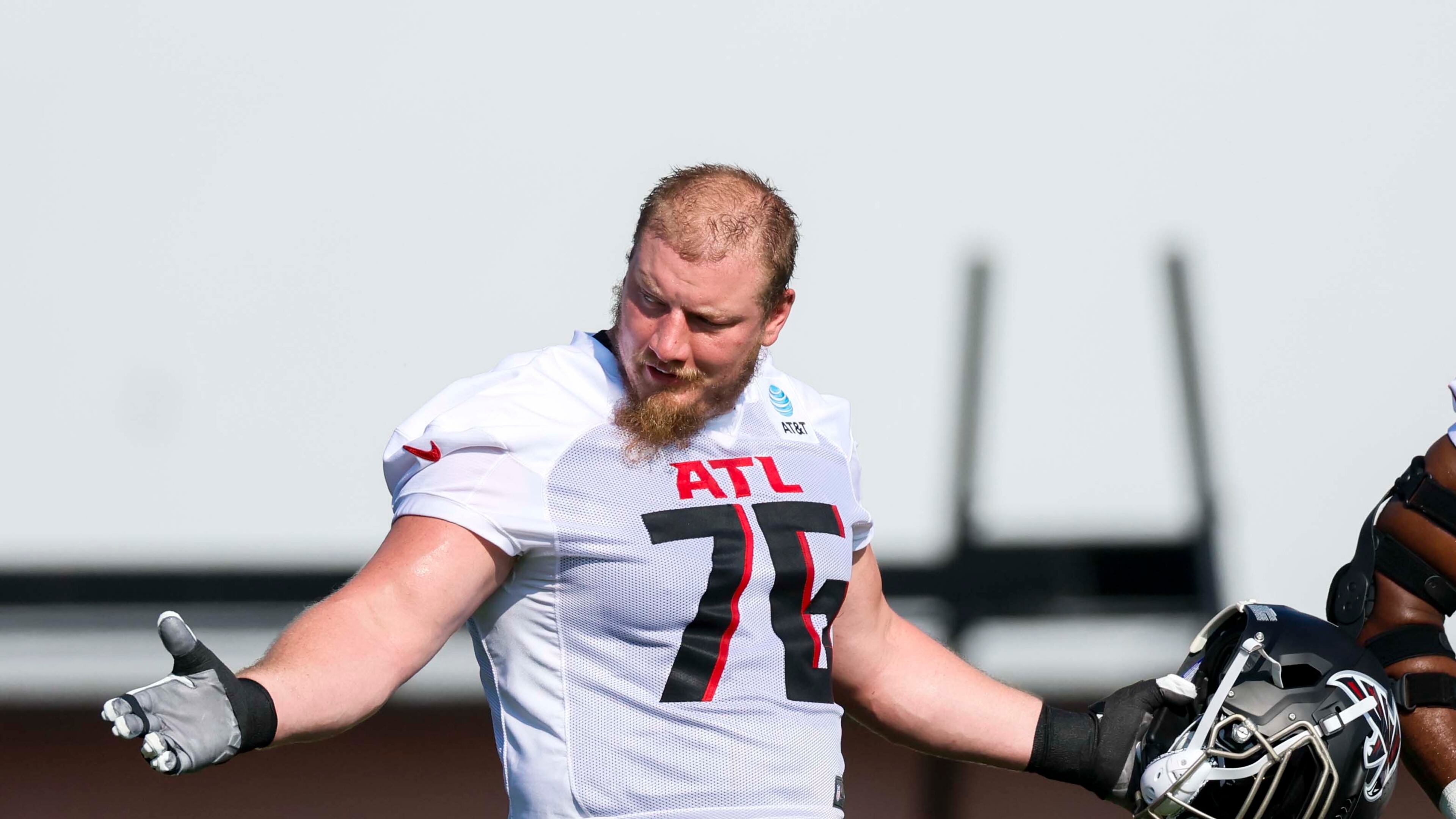Atlanta Falcons offensive tackle Kaleb McGary reacts during the first practice of training camp on Thursday, July 24, 2025, in Flowery Branch. (Miguel Martinez/AJC)
