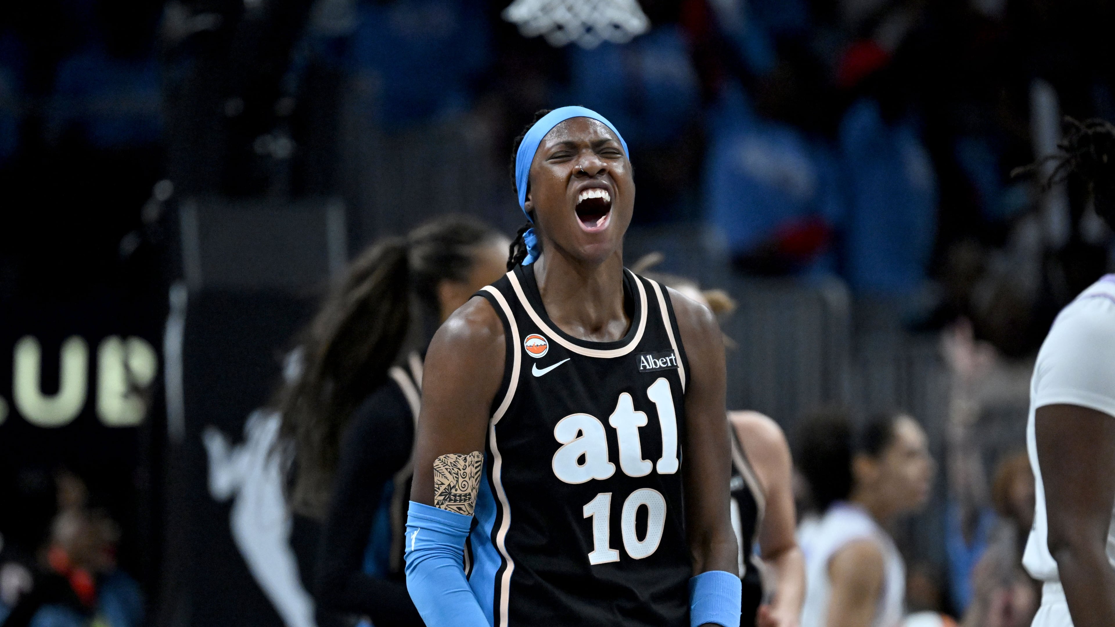 Atlanta Dream guard Rhyne Howard reacts after scoring during the first half of Game 3 of the WNBA Finals at State Farm Arena on Wednesday, Oct. 21, 2026, in Atlanta. (Hyosub Shin/AJC)