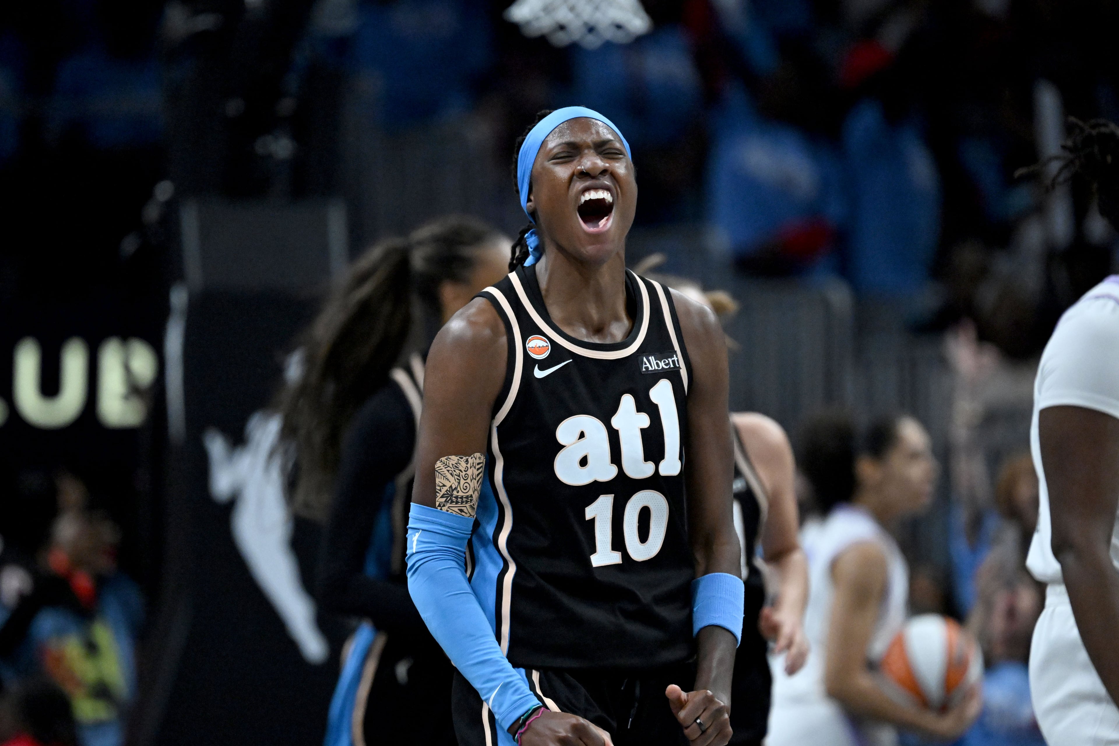 Atlanta Dream guard Rhyne Howard reacts after scoring during the first half of Game 3 of the WNBA Finals at State Farm Arena on Wednesday, Oct. 21, 2026, in Atlanta. (Hyosub Shin/AJC)
