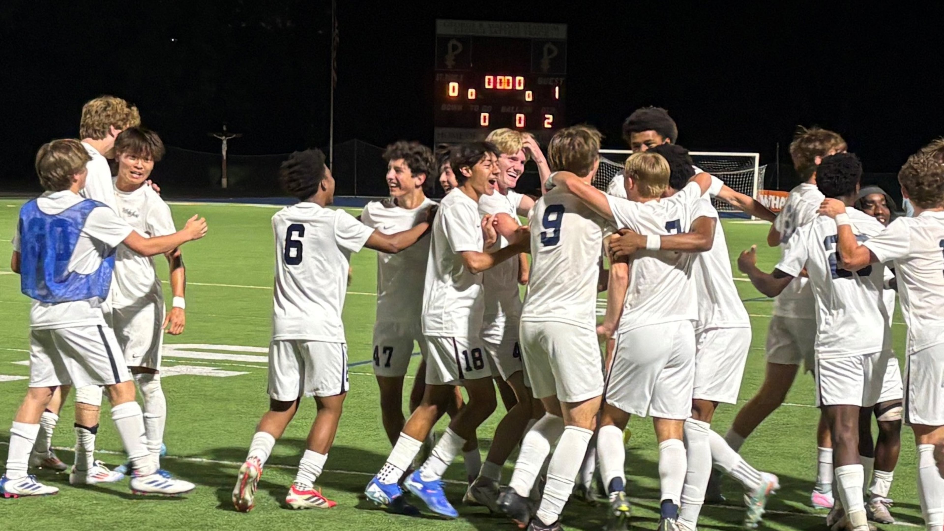 Whitefield Academy players celebrate on the field after their 1-0 victory over Hebron Christian in the Class 3A-A Private boys soccer championship game Tuesday, May 12, 2026, at St. Pius X High School in Atlanta. (Chip Saye/AJC)