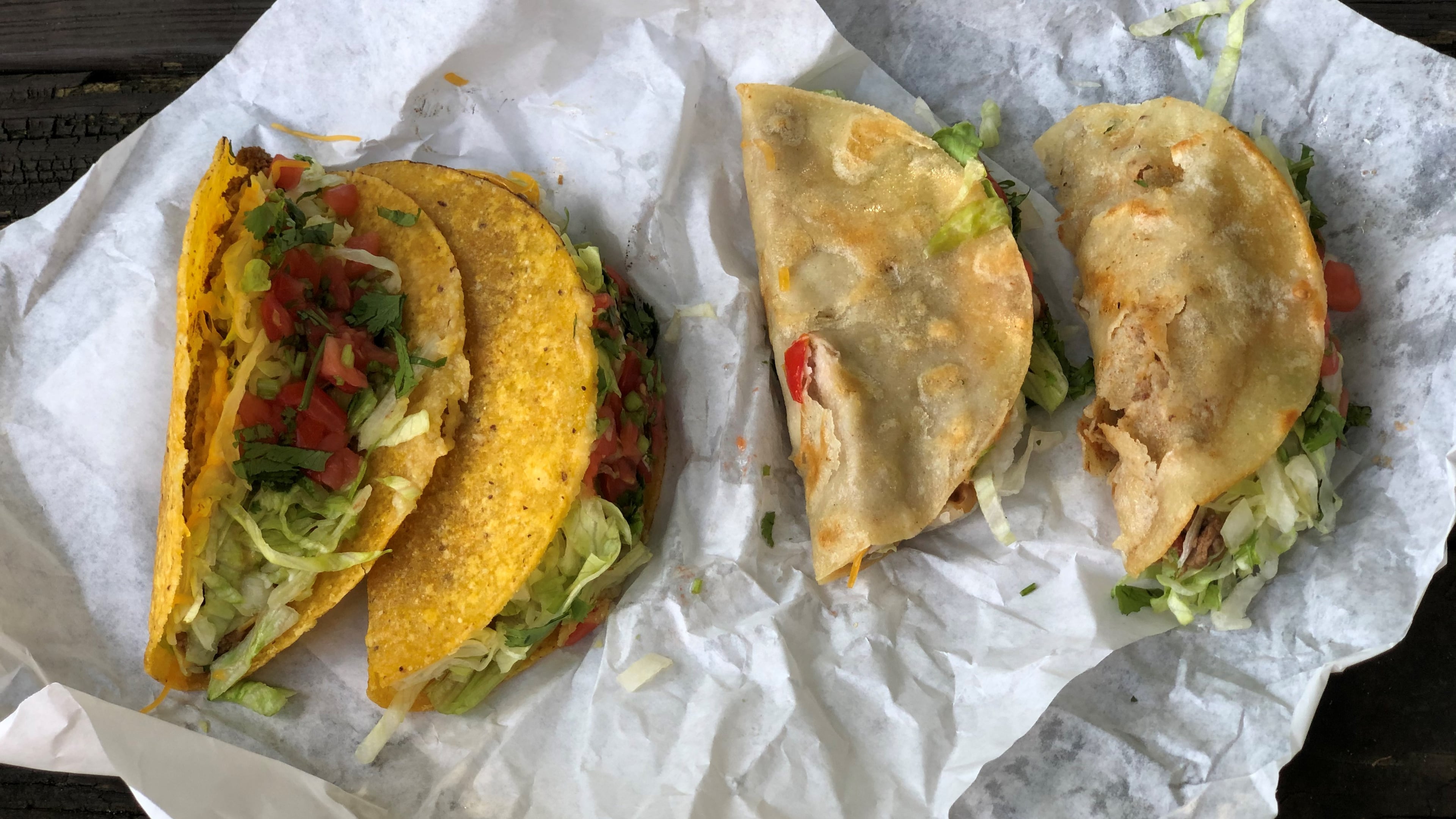 Taco Pete, and now Taco Pete Bistro in Hapeville, has always excelled at old-school tacos — like ground beef in hard shells (top) and gently griddled soft shells (see the beans and cheese and steak versions below).
Wendell Brock for The Atlanta Journal-Constitution