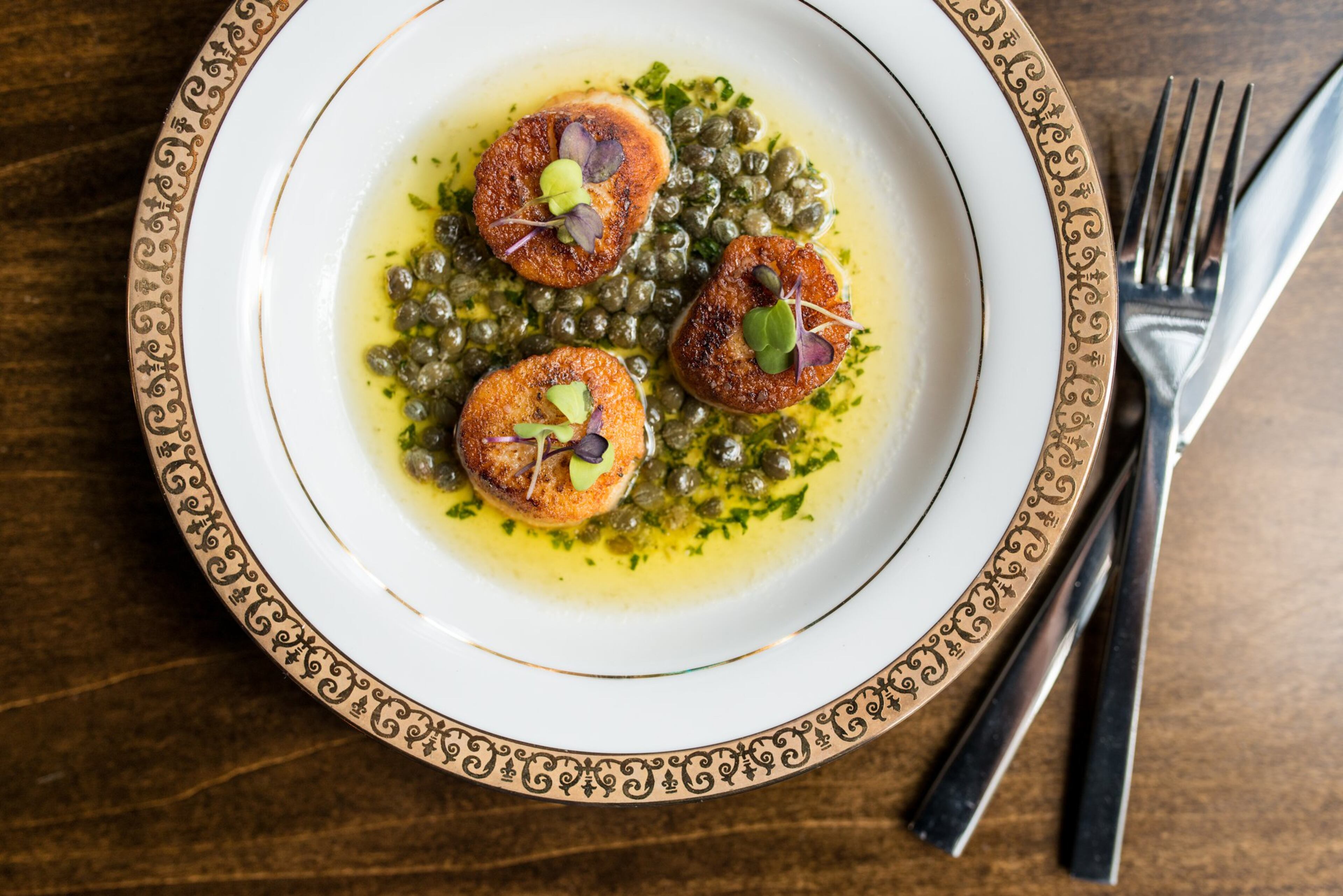 Pan Seared Scallops with lemon caper butter sauce. Photo Credit- Mia Yakel. Styling Credit- Chef Tara Mayfield.